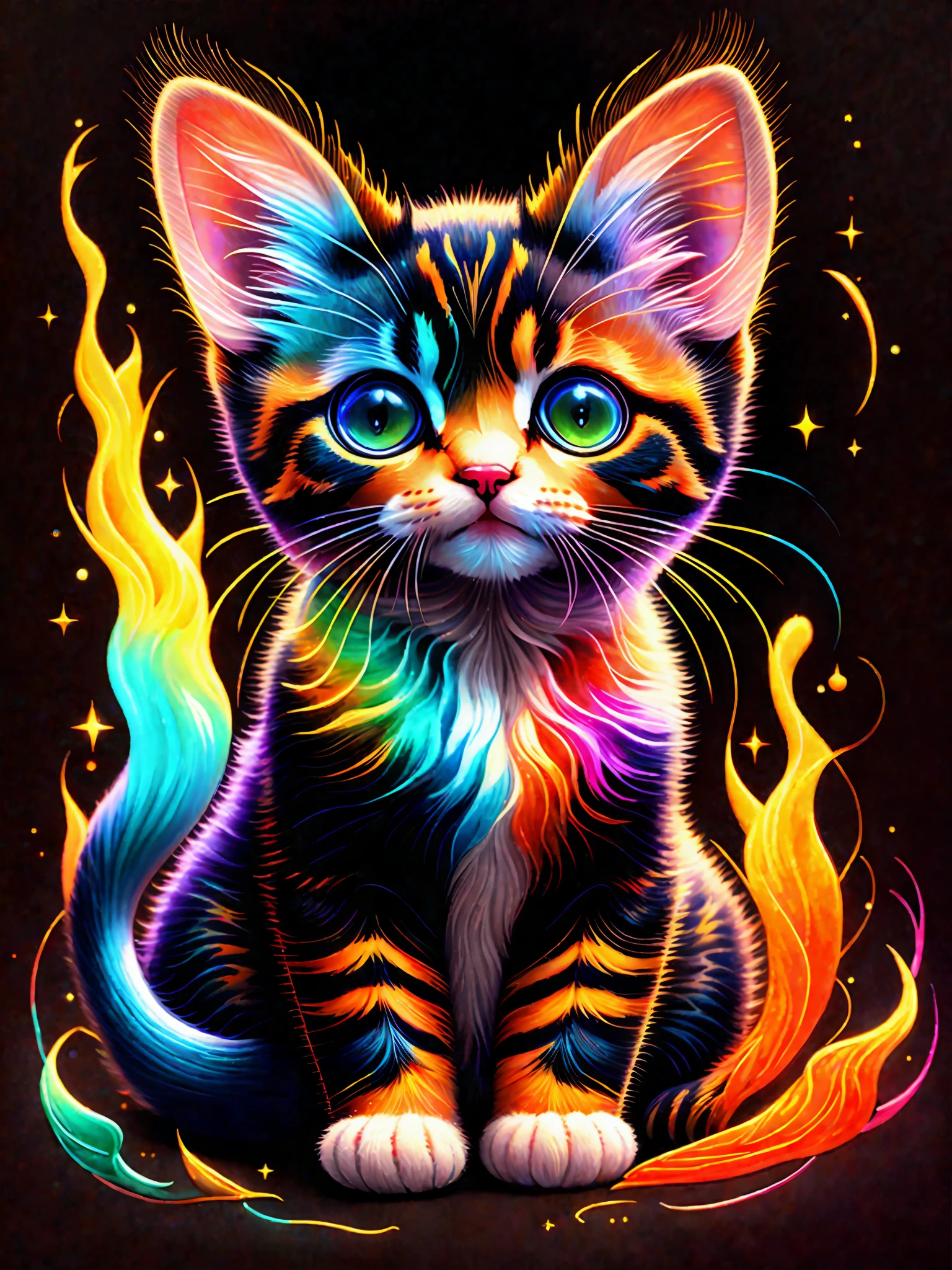 a painting of a colorful kitten on a black background,, breathtaking rendering, within a radiant connection, inspired by Kinuko Y. Craft,, magical elements, kitten icon, wow, is beautiful, casting a multi colorful spell, bright flash, flash