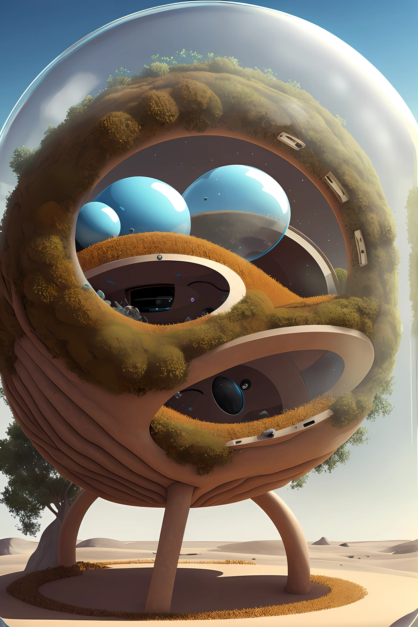 Anthill with a circle form in a futuristic style inside of a bubble, detailed, high quality