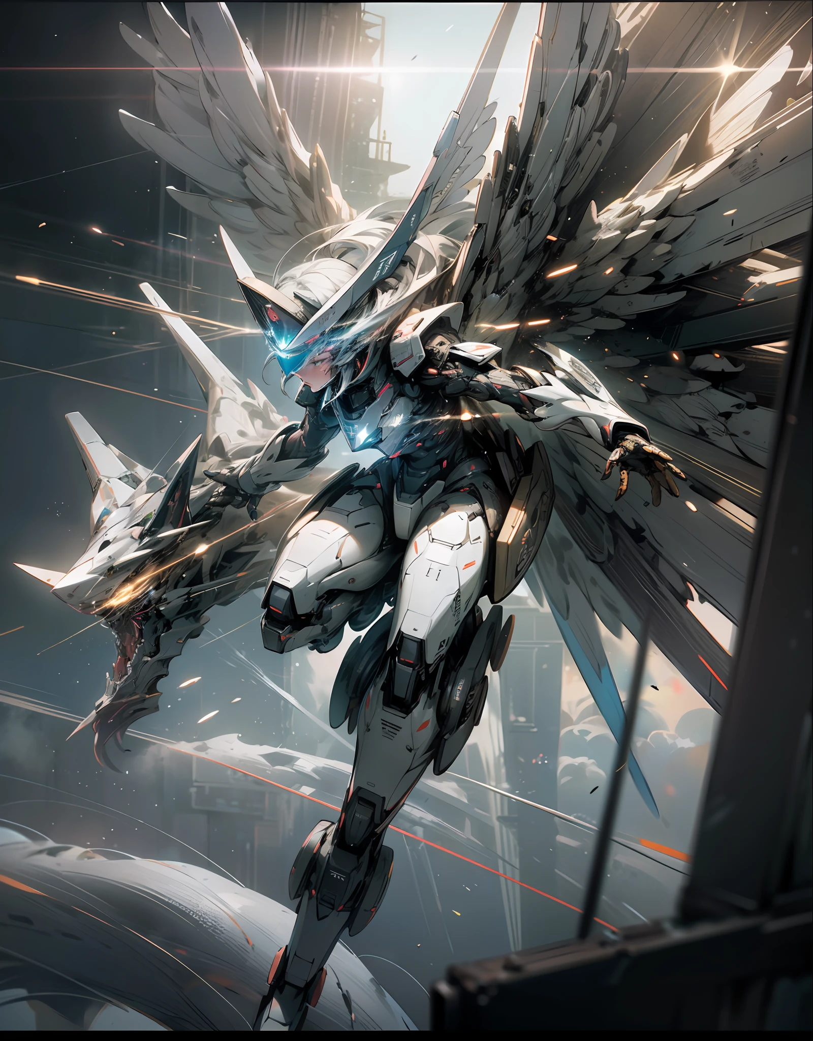 ((Best quality)), ((masterpiece)), (highly detailed:1.3), 3D, beautiful, (cyberpunk:1.2), in space, nebula, holding_weapon, (1Female mecha:1.3), facing the viewer, glowing eyes, full body, (flying, swooping down, dynamic, motion blur: 1.4), (huge mecha wings: 1.6), looking up, glowing_eyes, mecha, panorama, background is earth, nebula, space, particles, reality, HDR (High Dynamic Range), Ray Tracing, NVIDIA RTX, Super Resolution, Unreal 5, Subsurface Scattering, PBR Texturing, Post Processing, Anisotropic Filtering, Depth of Field, Maximum Clarity and Clarity, Multilayer Textures, Albedo and Specular map, Surface shading, accurate simulation of light-material interaction, perfect proportion, Octane Render, two-tone lighting, large aperture, low ISO, white balance, rule of thirds, 8K RAW, efficient sub-pixel, sub-pixel convolution,