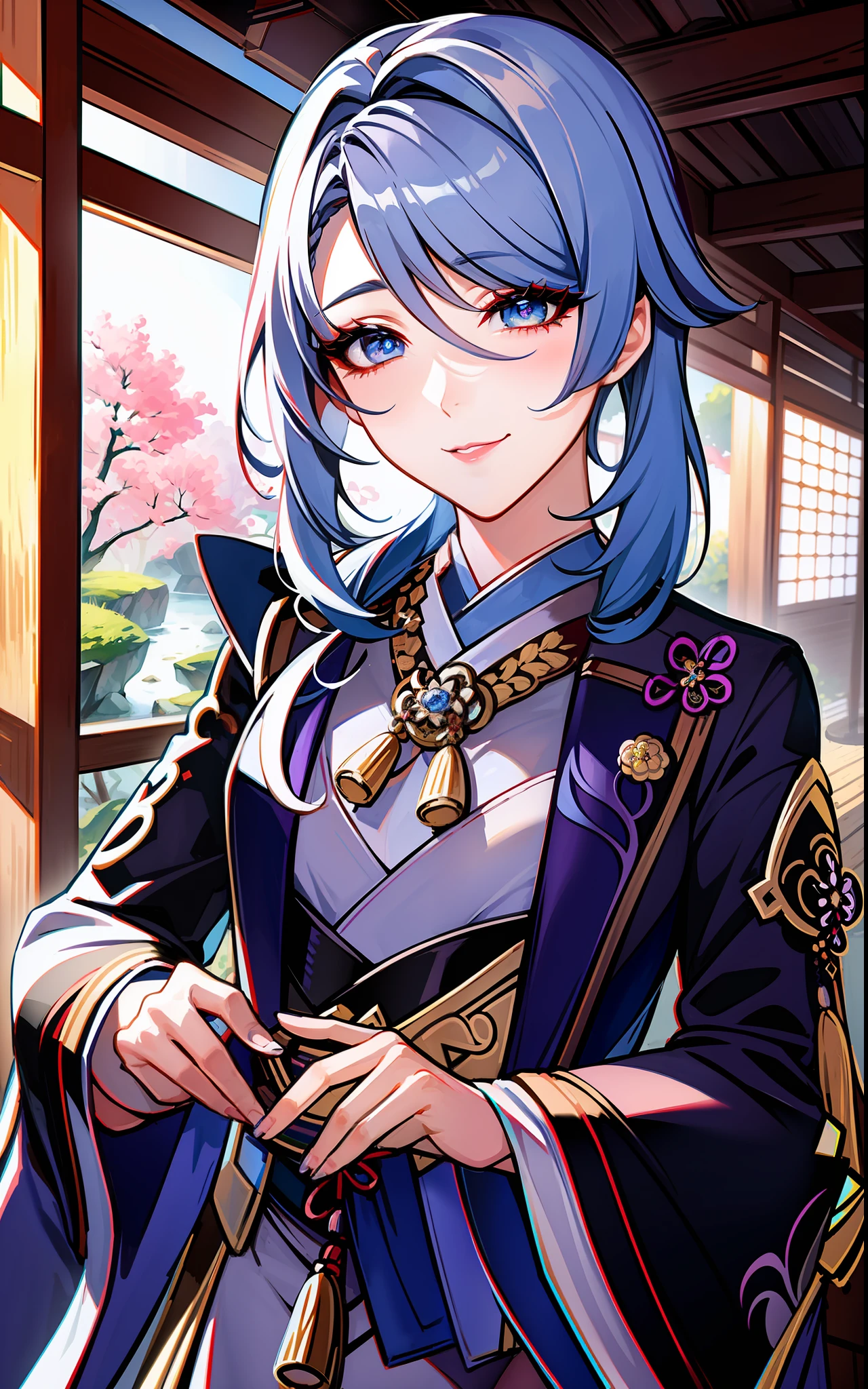 (masterpiece:1.2), (best quality:1.2), ayato(genshin impact) perfect eyes, perfect face, midium hair, volumetric lighting, 1girl, mature female concubine wearing edghanfu, edghanfu, blue hair, traditional Japanese hairdo, blue clothes, calm smile, beautifully detailed eyes eyes, midium breasts, cleavage, floral pattern, dragon pattern, silk, embroideries, long nails, makeup, thick eyelashes, standing in a Japanese garden, detailed background