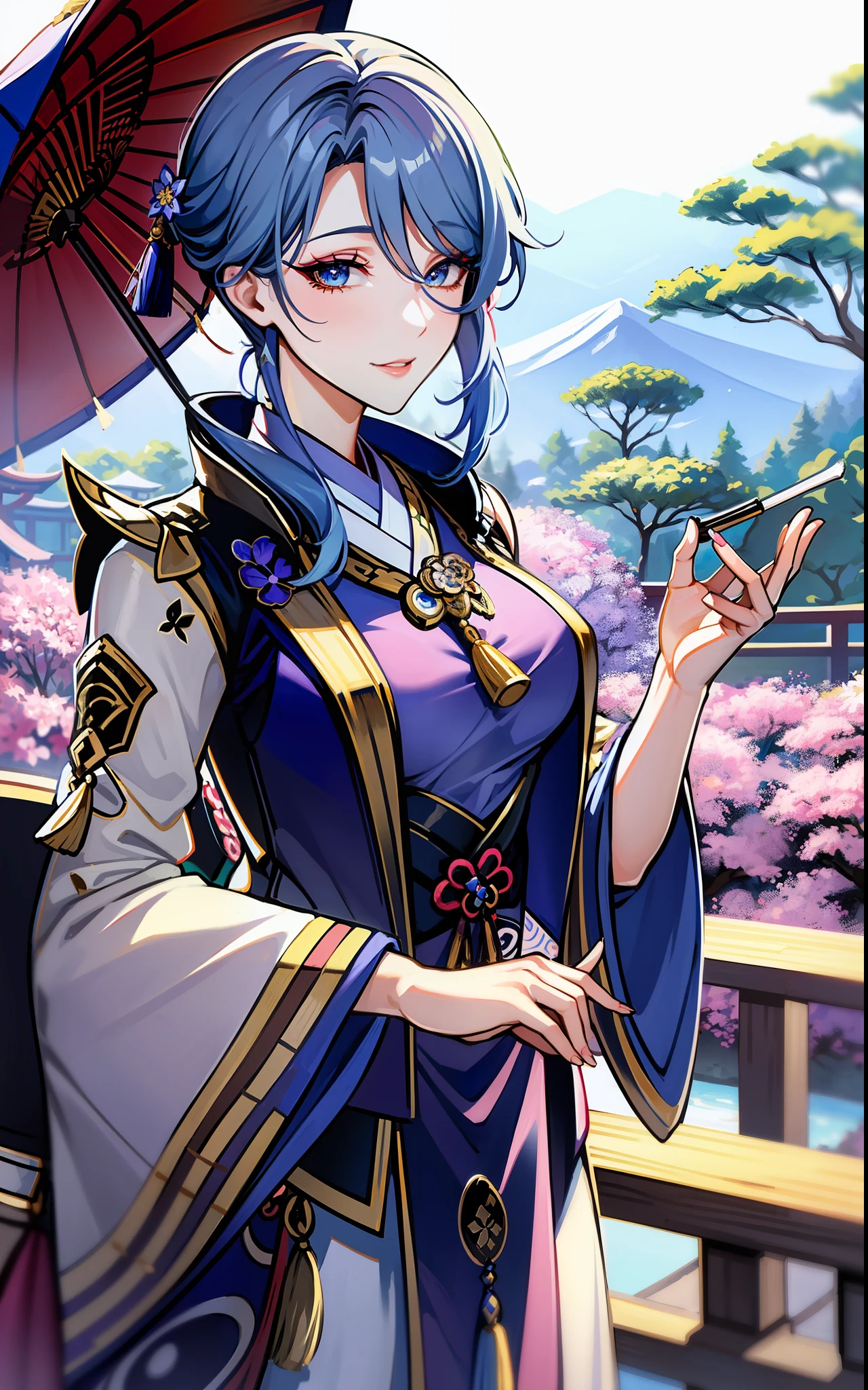 (masterpiece:1.2), (best quality:1.2), ayato(genshin impact) perfect eyes, perfect face, midium hair, volumetric lighting, 1girl, mature female concubine wearing edghanfu, edghanfu, blue hair, traditional Japanese hairdo, blue clothes, calm smile, beautifully detailed eyes eyes, midium breasts, cleavage, floral pattern, dragon pattern, silk, embroideries, long nails, makeup, thick eyelashes, standing in a Japanese garden, detailed background