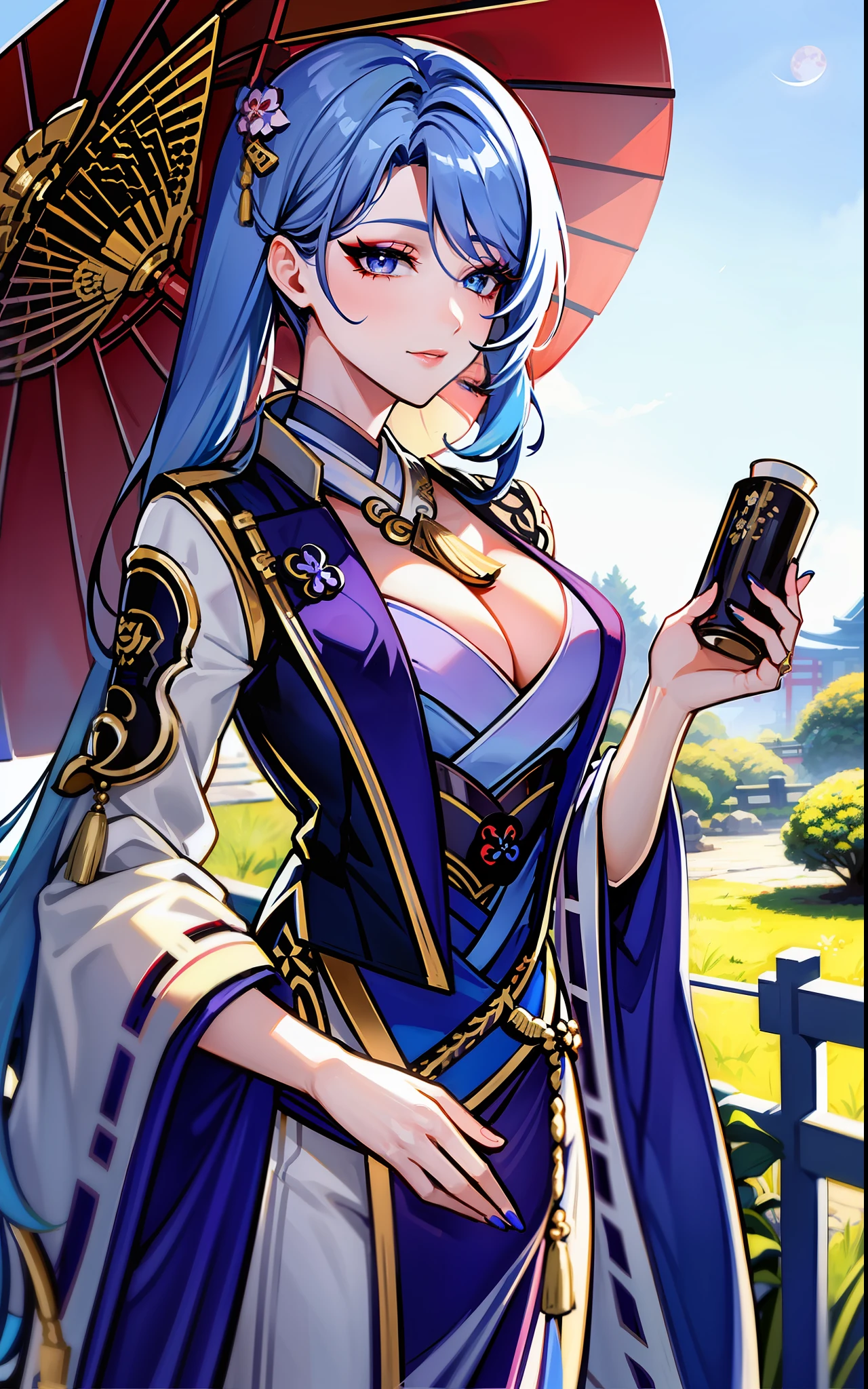 (masterpiece:1.2), (best quality:1.2), ayato(genshin impact) perfect eyes, perfect face, midium hair, volumetric lighting, 1girl, mature female concubine wearing edghanfu, edghanfu, blue hair, traditional Japanese hairdo, blue clothes, calm smile, beautifully detailed eyes eyes, midium breasts, cleavage, floral pattern, dragon pattern, silk, embroideries, long nails, makeup, thick eyelashes, standing in a Japanese garden, detailed background