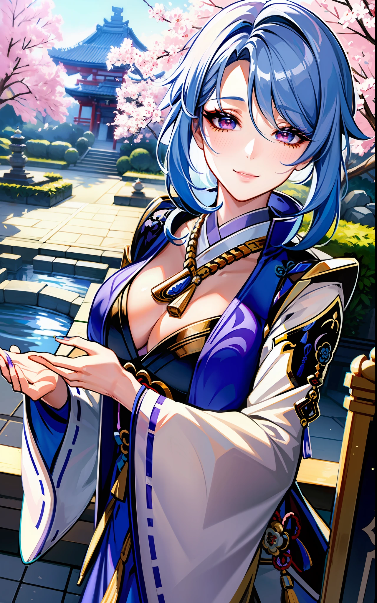 (masterpiece:1.2), (best quality:1.2), ayato(genshin impact) perfect eyes, perfect face, midium hair, volumetric lighting, 1girl, mature female concubine wearing edghanfu, edghanfu, blue hair, traditional Japanese hairdo, blue clothes, calm smile, beautifully detailed eyes eyes, midium breasts, cleavage, floral pattern, dragon pattern, silk, embroideries, long nails, makeup, thick eyelashes, standing in a Japanese garden, detailed background