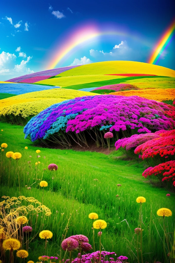 There's a gorgeous and cute anthill of fantasy and happy birthday made of a magical glow, flying dandelions and a gorgeous rainbow in the sky with some clouds