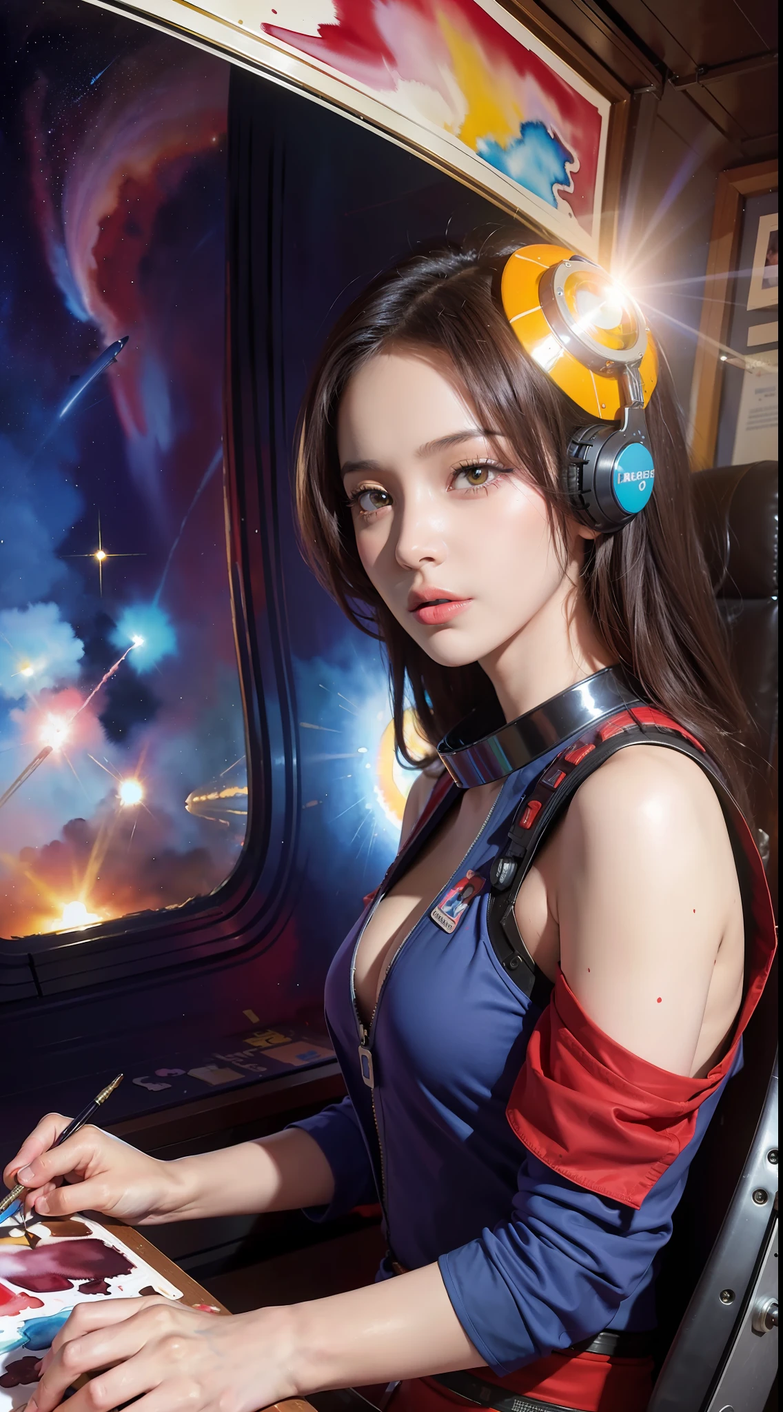 (masterpiece, top quality, best quality, extreme detailed, highest detailed, official art, beautiful and aesthetic:1.2), colorful, cowboy shot, beautiful face, solo, perfect body, 1girl, in space, spacecraft, spacesuit, sun rays, indoors, (wires and cables:1.1), (science fiction:1.2), porthole, illuminator, stars,fantasy, high contrast, ink strokes, explosions, over exposure, purple and red tone impression , abstract, ((watercolor painting by John Berkey and Jeremy Mann )) brush strokes, negative space,