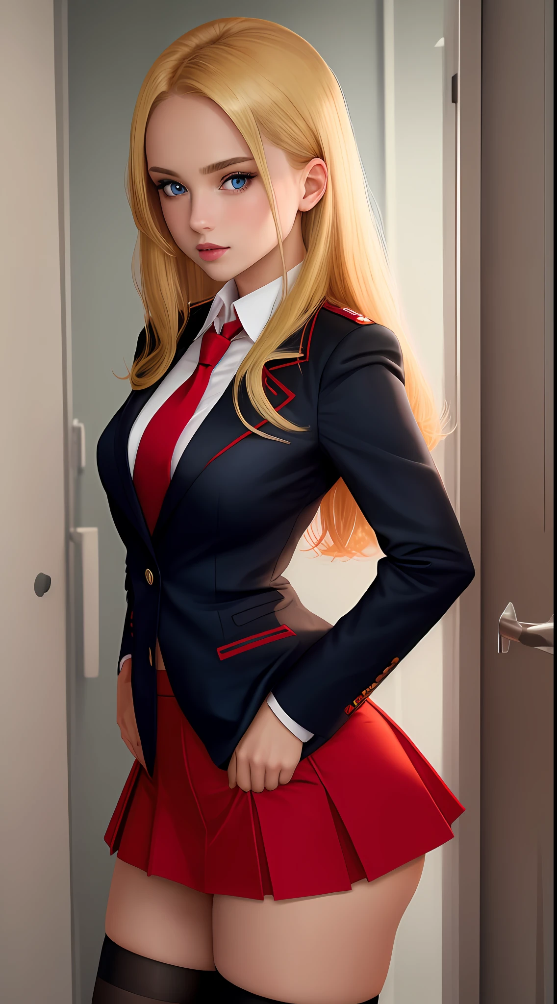 text_awaitingtongue, standing, stripping pose, hands on hips, eye contact, erect, red skirt, stockings, black blazer, perfect body, perfect, toilet, blonde hair, blue eyes, 18 years old