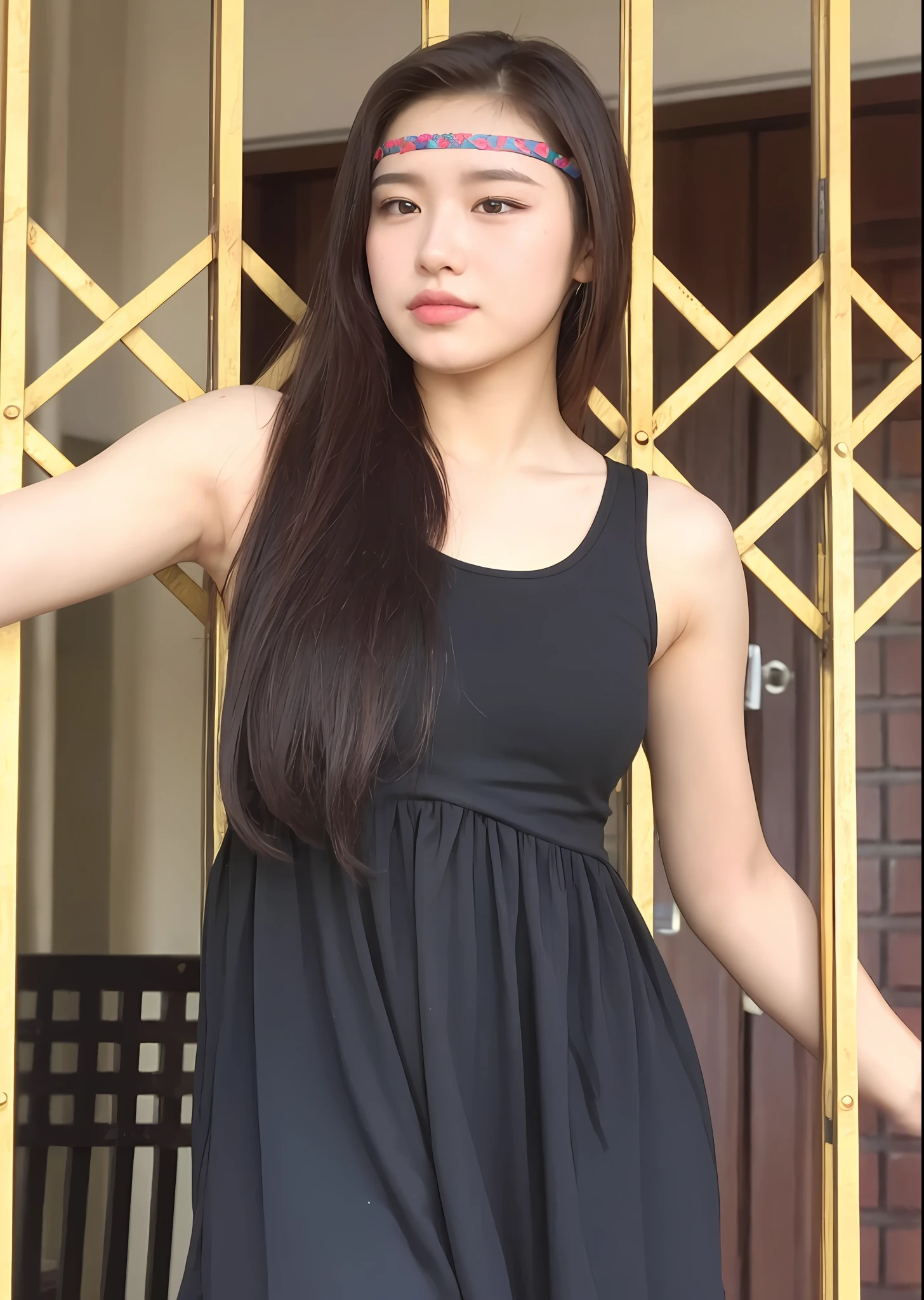 ((best quality, 8k, masterpiece: 1.3)), sharp: 1.2, perfect body beauty: 1.4, slender abs: 1.2, ((layered hairstyle, big breasts: 1.2)), (bandeau dress white: 1.1 ), city streets: 1.2, highly detailed facial and skin textures, detailed eyes, double eyelids, long brown hair, small perspective,