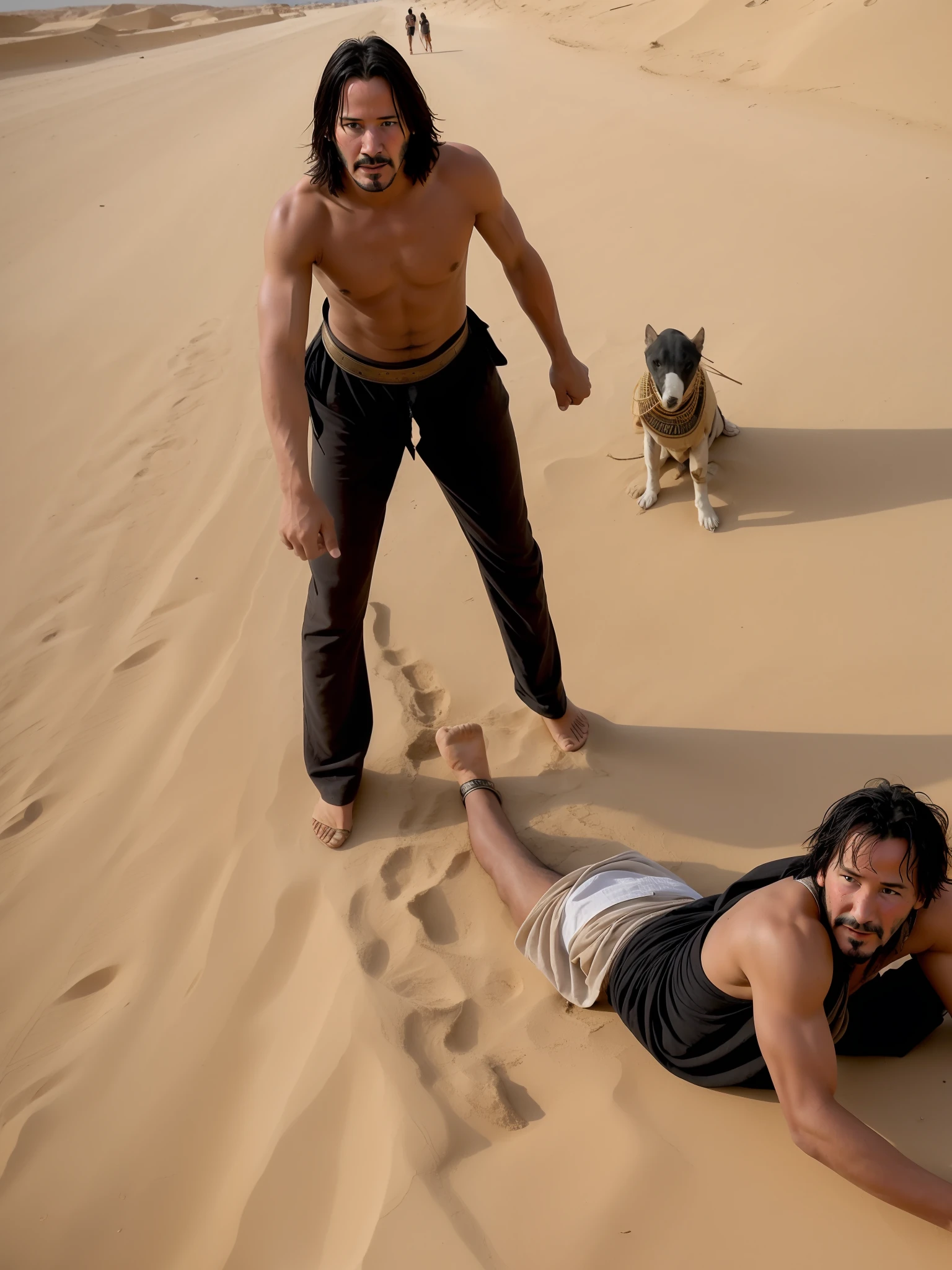 photo of a Keanu Reeve as a egypt man,egypt city,sand mountain, asphalt