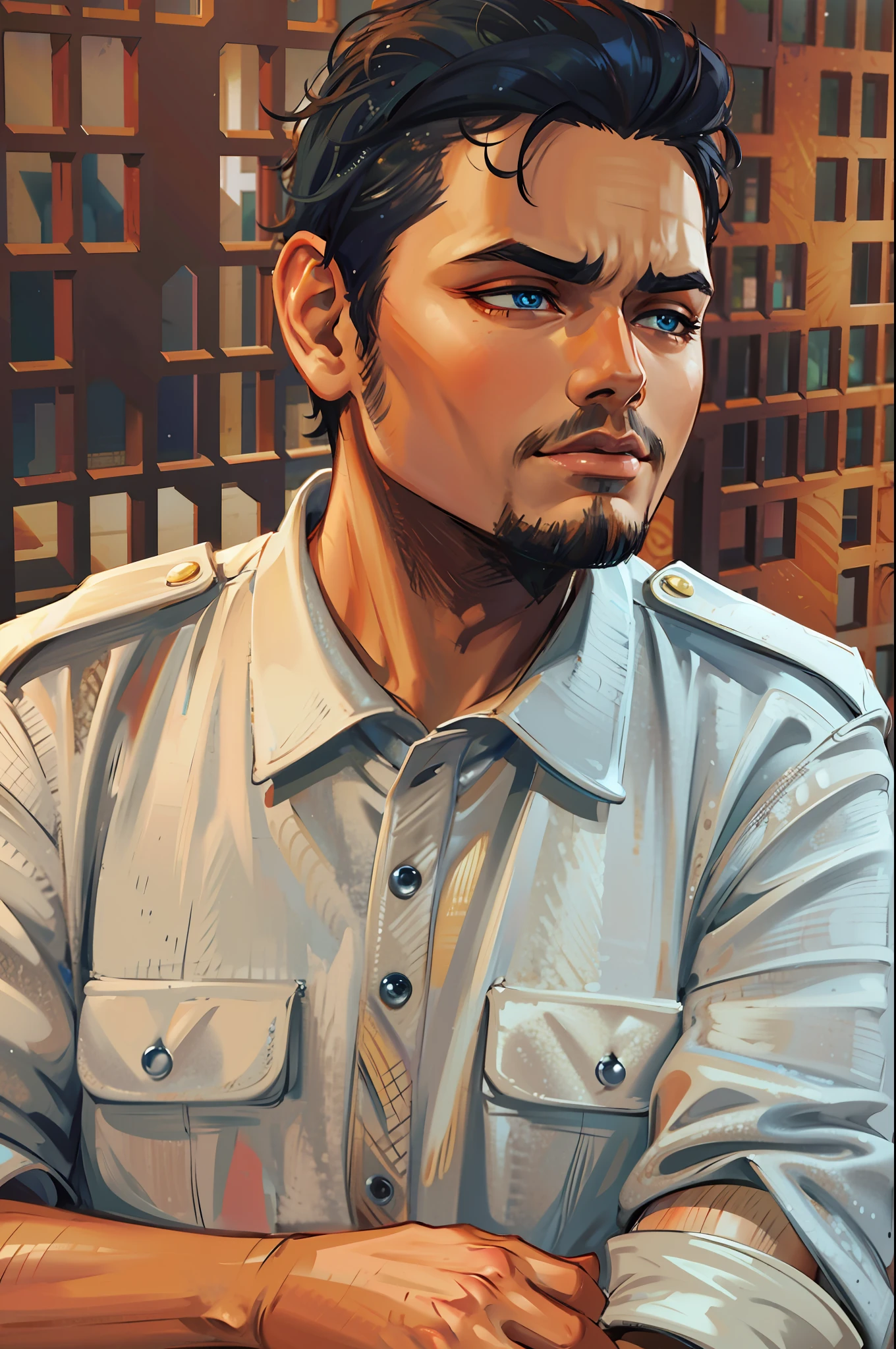 (masterpiece),(best quality:1.0), (ultra highres:1.0), detailed illustration, 8k, anime, 1boy, anime boy, scara outfit, wearing a hat, detailed face, perfect face, anime eyes, detailed eyes, dark blue eyes, detailed hair, highlights in hair, highly detailed, anime style, vibrant