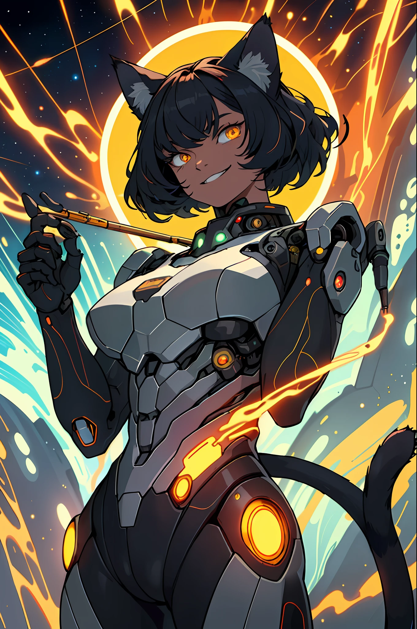 A female Cat Cyborg with golden eye. The female cat cyborg's feline features are enhanced with metallic claws and a glowing red eye, while its tail is made up of a series of wires and cables. The painting captures the essence of Van Gogh's signature swirling brushstrokes, lending an air of whimsy and painterly flair to the futuristic figure. The cat's relaxed posture and casual pipe smoking make for a striking contrast with the machine elements that comprise its being, evoking a sense of harmony between man and machine. The bright yellow background imbues the painting with an effervescent energy, while the stars serve as a nod to the expansive universe. The female cat smokes and looks at the viewer with an evil smile