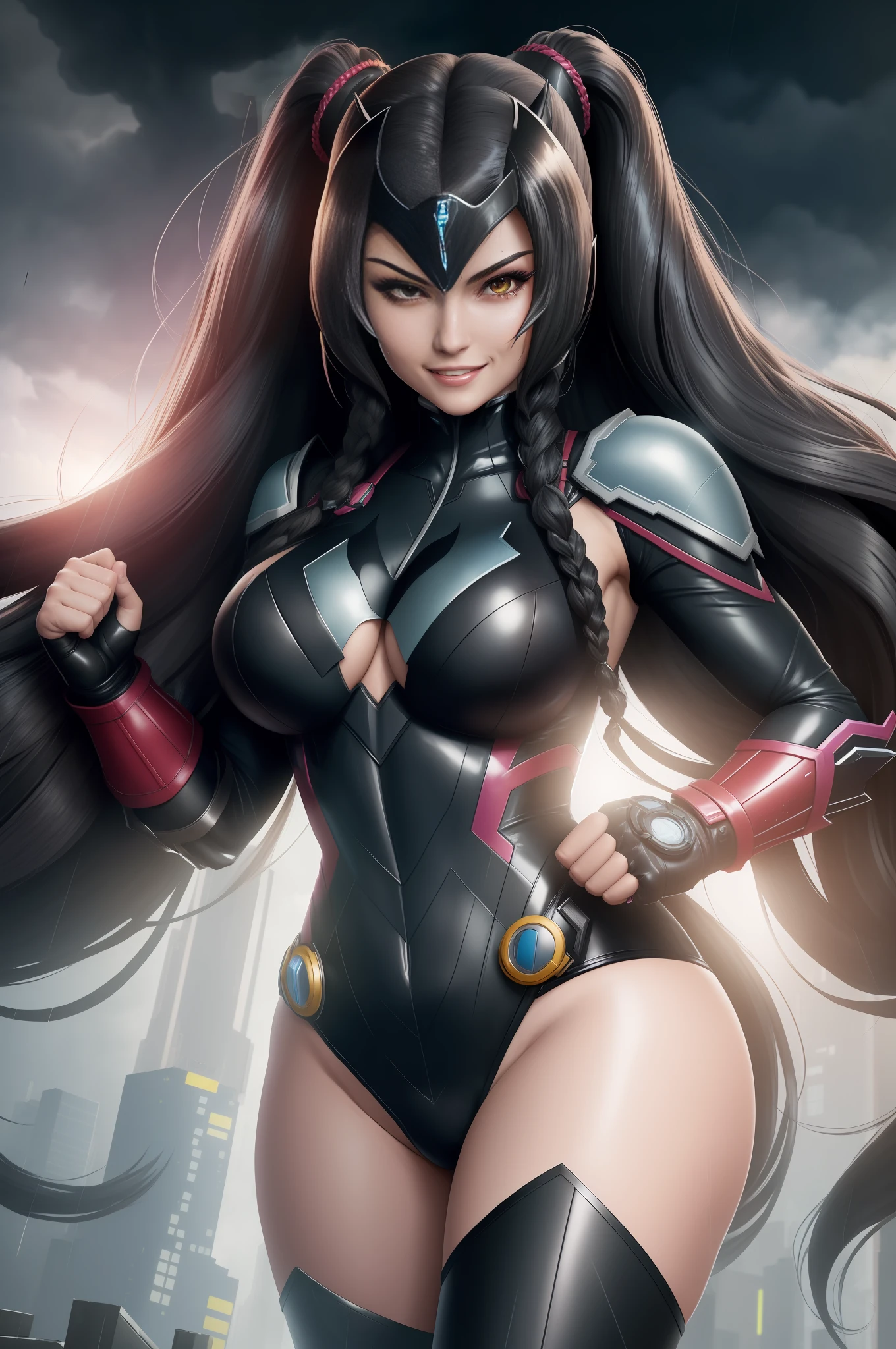 1 woman/Kamen Rider/Batman/Mega Man-x, Max resolution/detail/quality/sharpness. Unreal Engine 5, Disney/Anime style, Mortal Kombat/Kamen Rider Universe, she has long flowing hair with braids, breasts1, huge, extremely tight clothing on the body, looking at the viewer, smiling, Fight position, closed fists, in a futuristic city all destroyed raining heavily, body all wet.