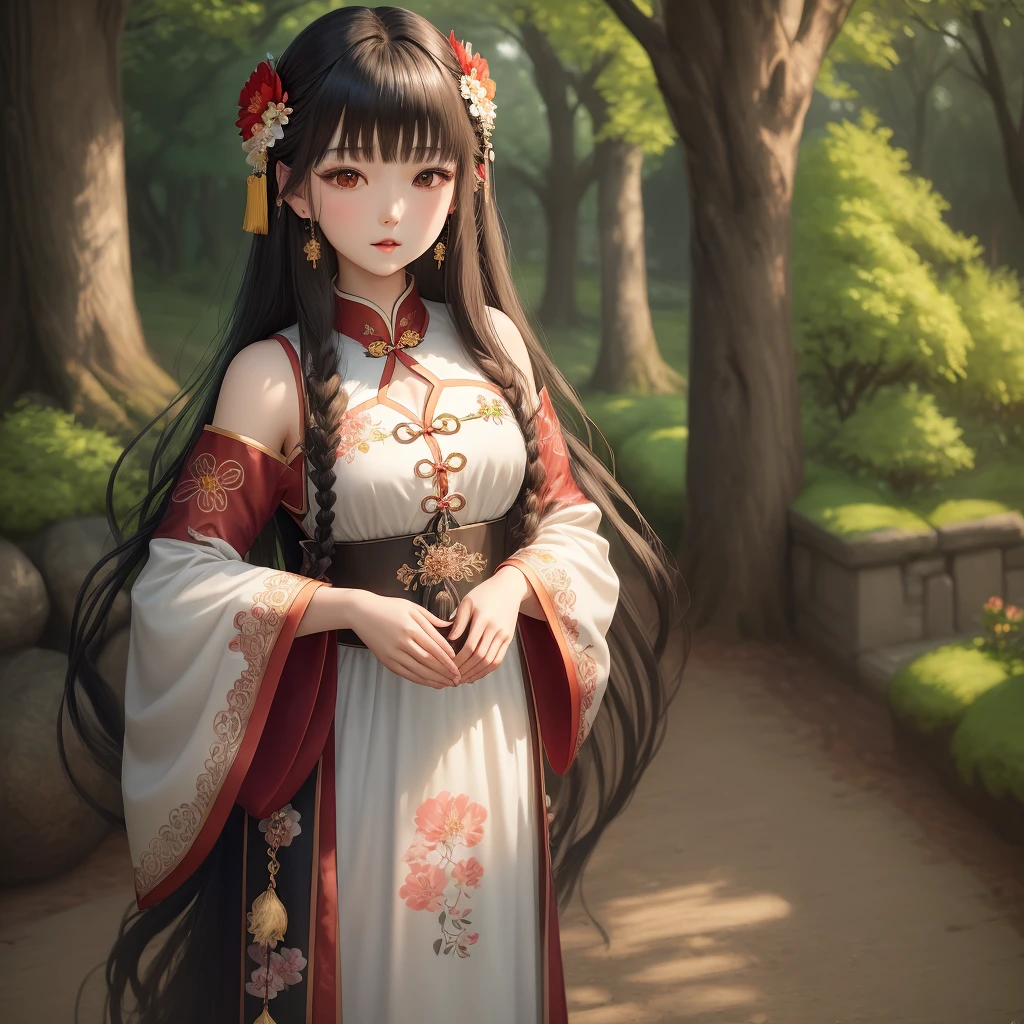 (Masterpiece:1.2),Shuimovi Sim, 1 Girl, Solo, Branch, Flower, Jewelry, Dress, Earrings, Tree, Bangs, Long Hair, Hair Ornament, Watch Viewer, Chinese Clothing, Black Hair, Hair Flower, Brown Hair, Bare Shoulders, Very Long Hair, Wide Sleeves, Long Sleeves, ,