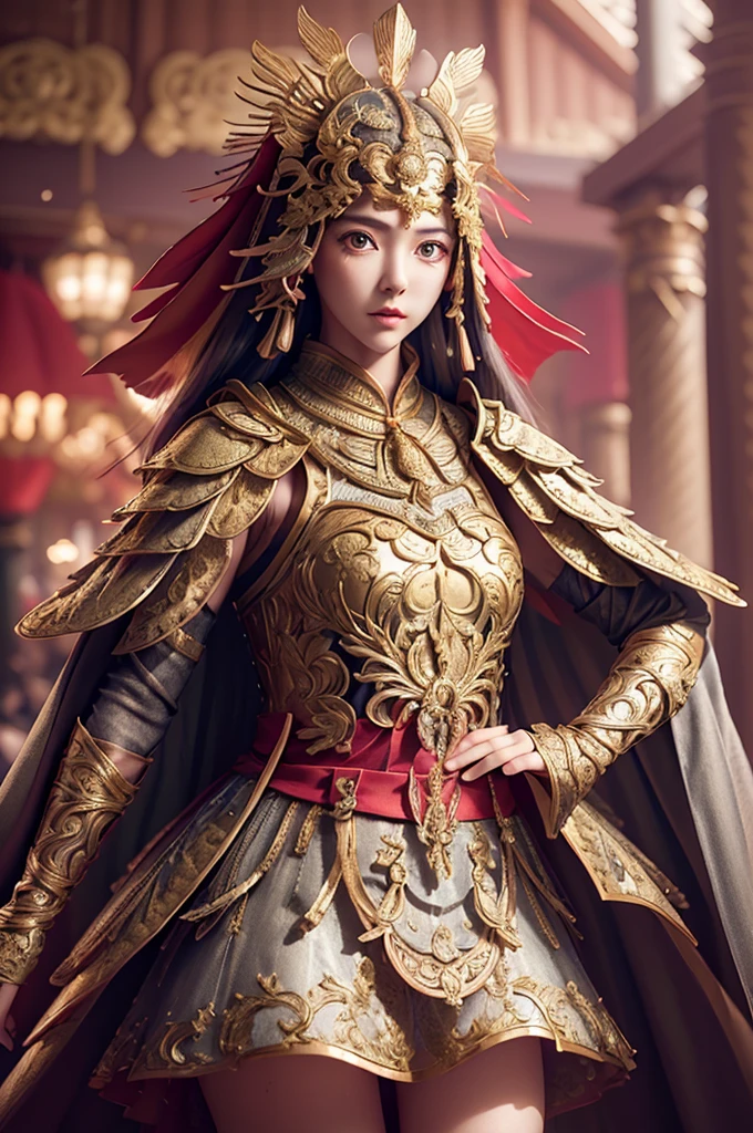 ((masterpiece))), (((best quality))), ((ultra-detailed)), (hyperrealistic), (highly detailed CG illustration), cinematic light, photorealistic ,extremely beautiful young lady, light makeup, intricate detailed eaba, red cape, spear