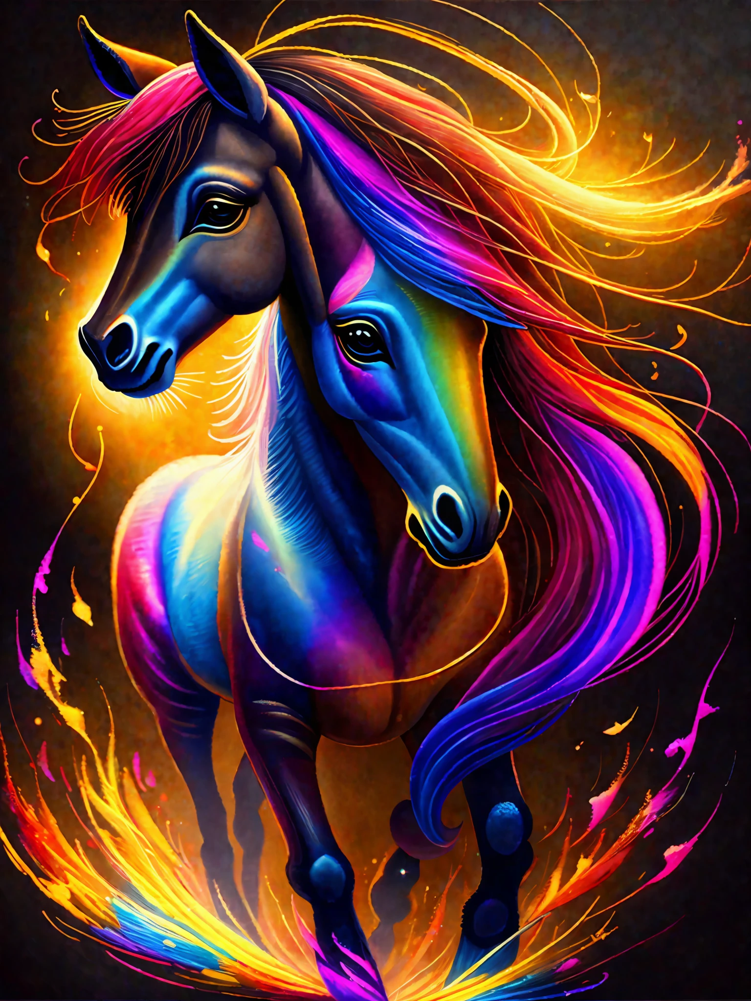 a painting of a colorful poney on a black background,, breathtaking rendering, within a radiant connection, inspired by Kinuko Y. Craft,, magical elements, kitten icon, wow, is beautiful, casting a multi colored spell, bright flash, flash