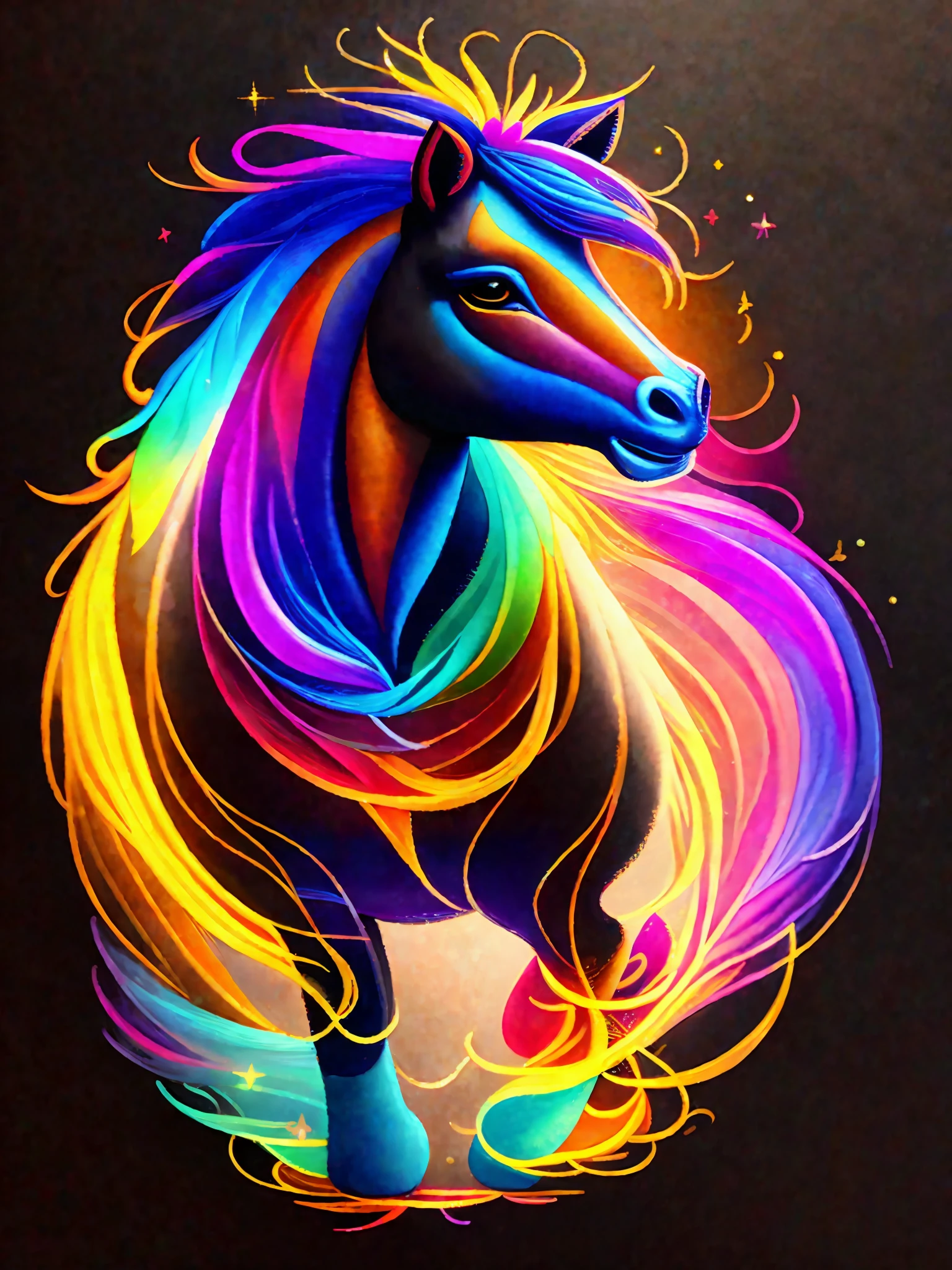 a painting of a colorful poney on a black background,, breathtaking rendering, within a radiant connection, inspired by Kinuko Y. Craft,, magical elements, kitten icon, wow, is beautiful, casting a multi colored spell, bright flash, flash