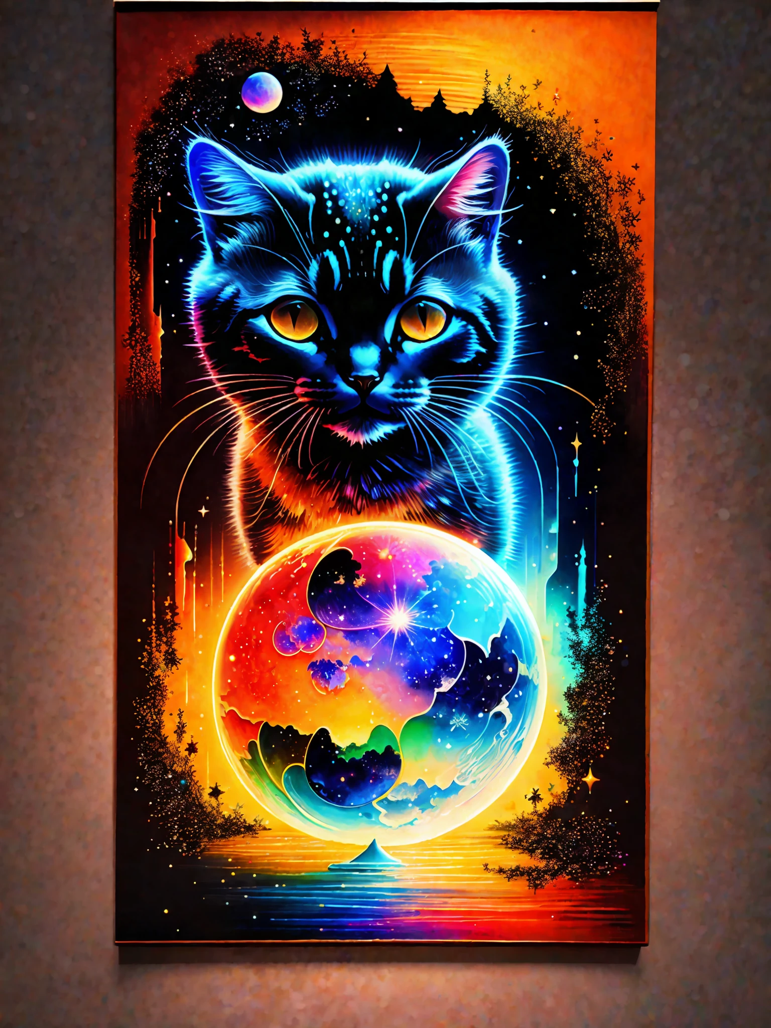 a painting of the planet Earth colored on a black background,, breathtaking rendering, within a radiant connection, inspired by Kinuko Y. Craft,, magical elements, kitten icon, wow, is beautiful, casting a multi colored spell, bright flash, flash