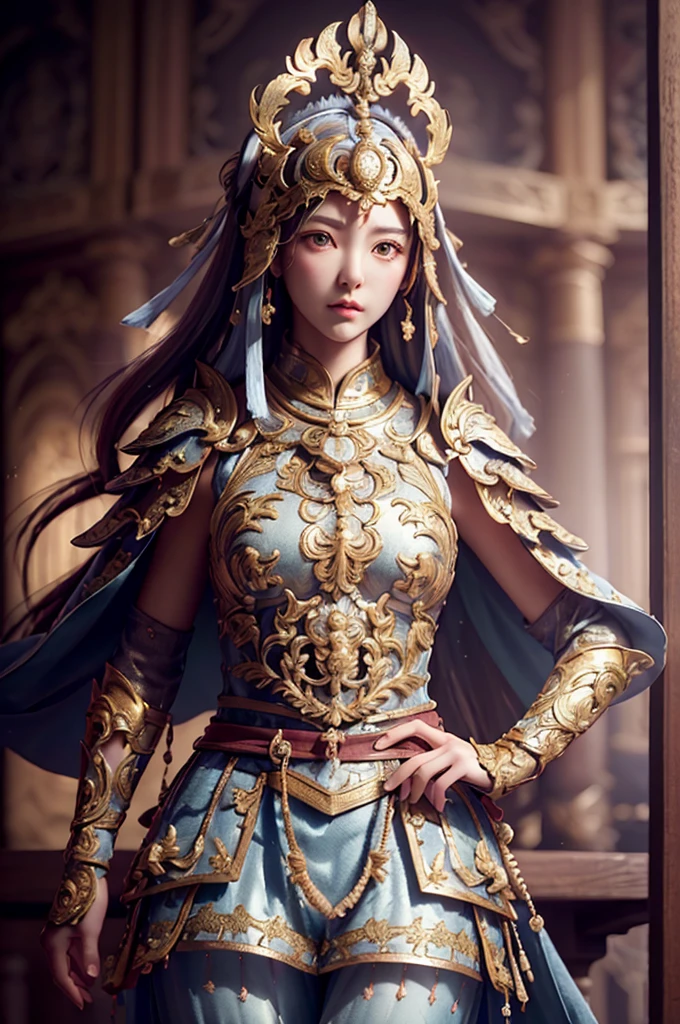 ((masterpiece))), (((best quality))), ((ultra-detailed)), (hyperrealistic), (highly detailed CG illustration), cinematic light, photorealistic ,1girl, armor, eaba, cape