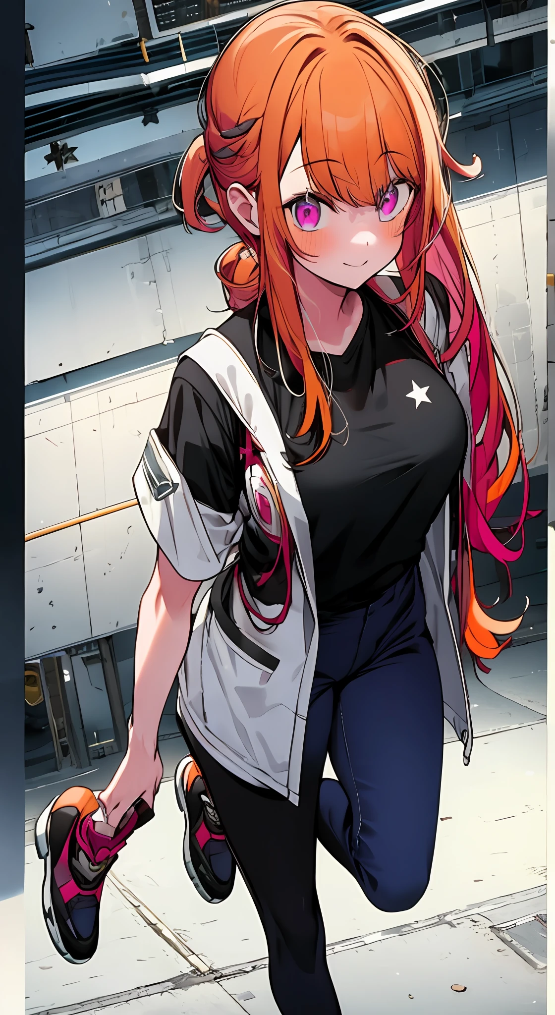 1girl, solo, physical therapist outfit , bangs,happy,posing, multicolored hair, doctors office background , (masterpiece:1.2), highres, best quality, 8k, star-shaped pupils in left eye, orange hair, long hair, pink eyes, blonde, bangs,happy,posing, multicolored hair, t shirt, long tight pants, heels, physical therapist outfit, doctors outfit