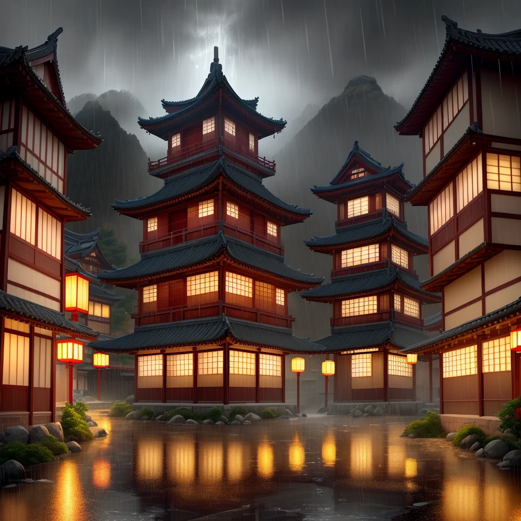arafed view of a village with a lot of lights on the buildings, dreamy chinese town, chinese village, amazing wallpaper, japanese town, japanese village, hyper realistic photo of a town, old asian village, japanese city, by Raymond Han, rainy evening, cyberpunk chinese ancient castle, beautifully lit buildings, at evening during rain, beautiful and aesthetic, photography, cinematic, 8k, high detailed ((Heavy rain)))