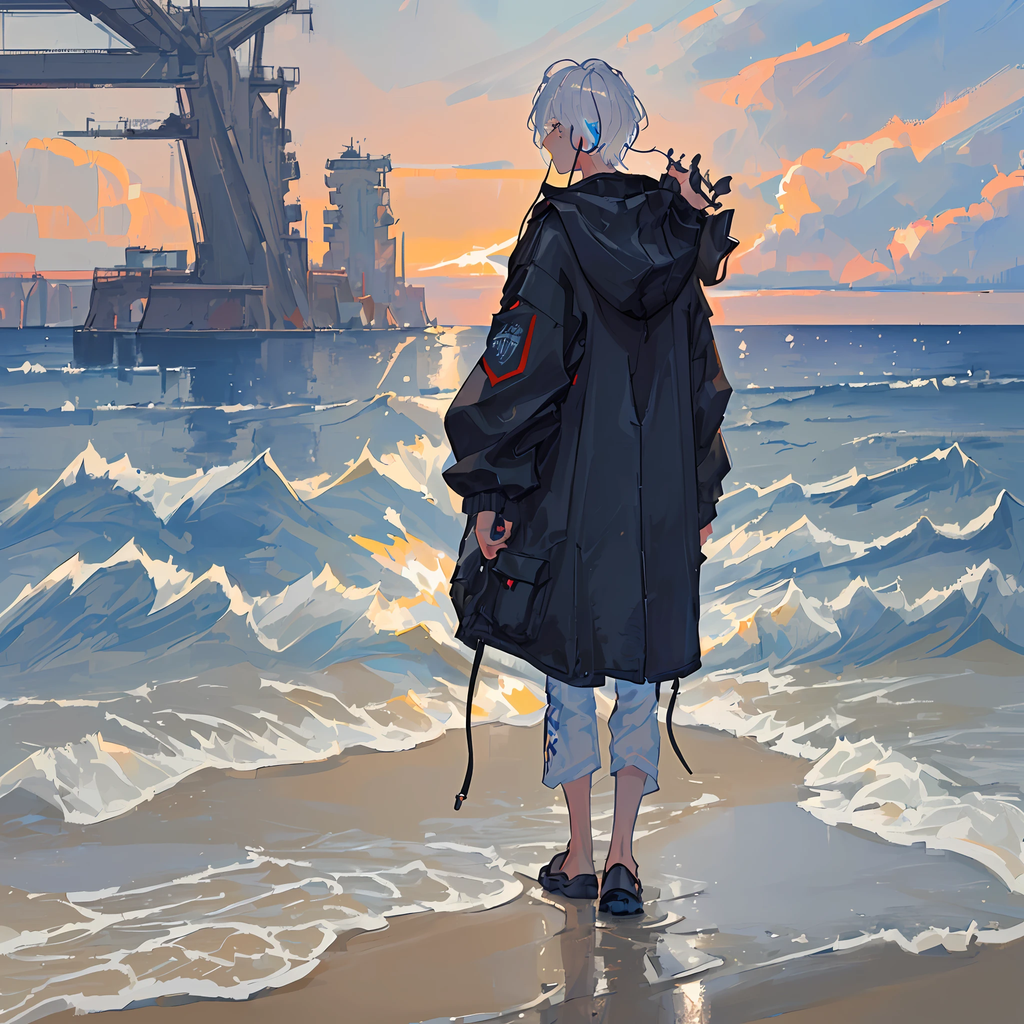 (((masterpiece))), best quality, highly detailed,extremely detailed CG unity 8k wallpaper,illustration, a sad man, wearing a black hooded jacket, (((BACK TO THE CAMERA))), wearing earphones, blue and white hair, short hait, (((high detail 1.1))), (((is by the beach))), full body, a man with a height of 176cm, wearing white pants