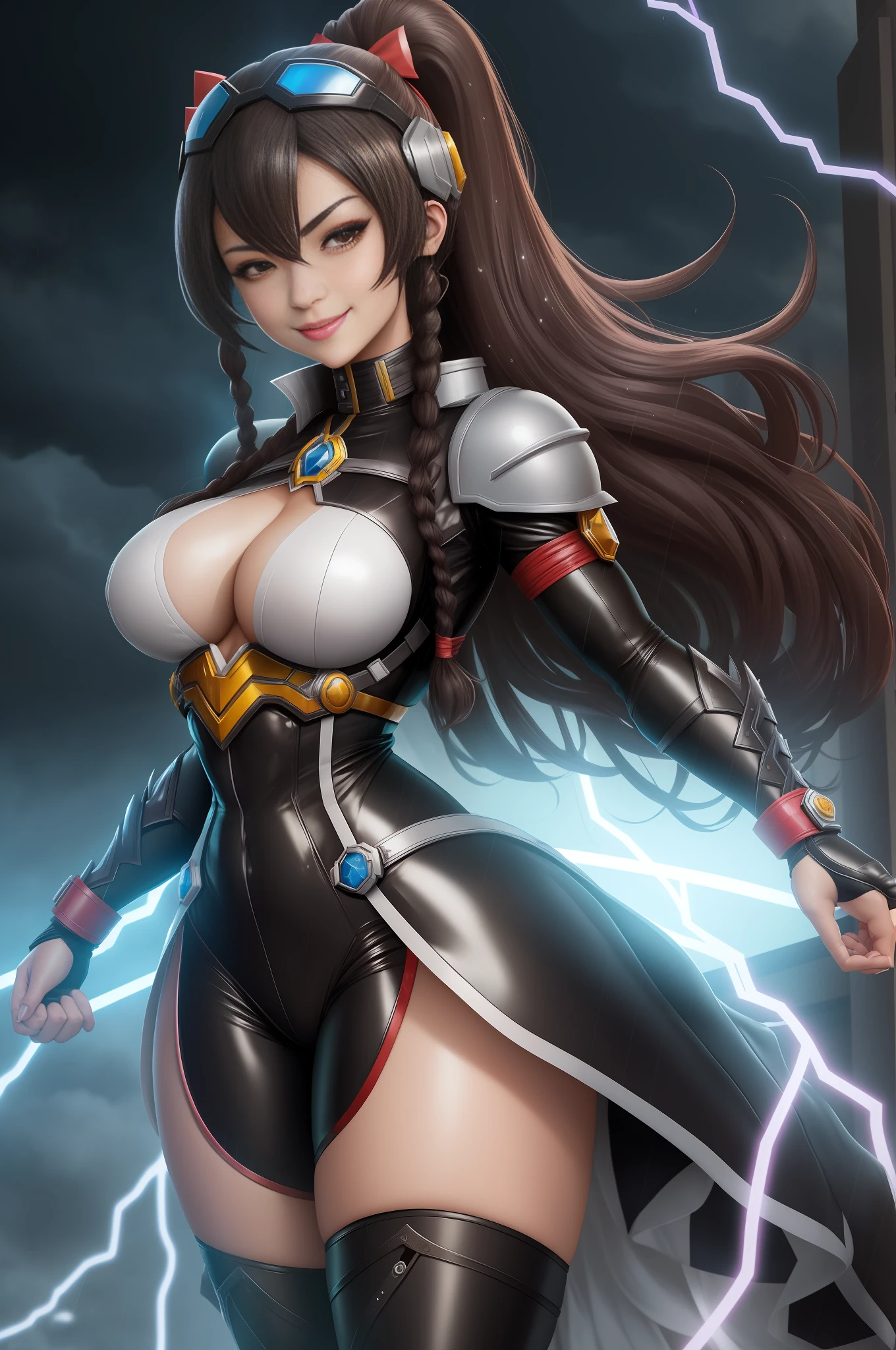 1 woman/maid/Kamen Rider/Mega Man-x, Max resolution/detail/quality/sharpness. Unreal Engine 5, Disney/Anime style, Mortal Kombat/Kamen Rider Universe, helmet on head, she has long hair with braids, breasts1, huge, extremely tight clothing on the body, looking at the viewer, smiling, Fight position, closed fists, pose, on top of a very tall building raining, body all wet.