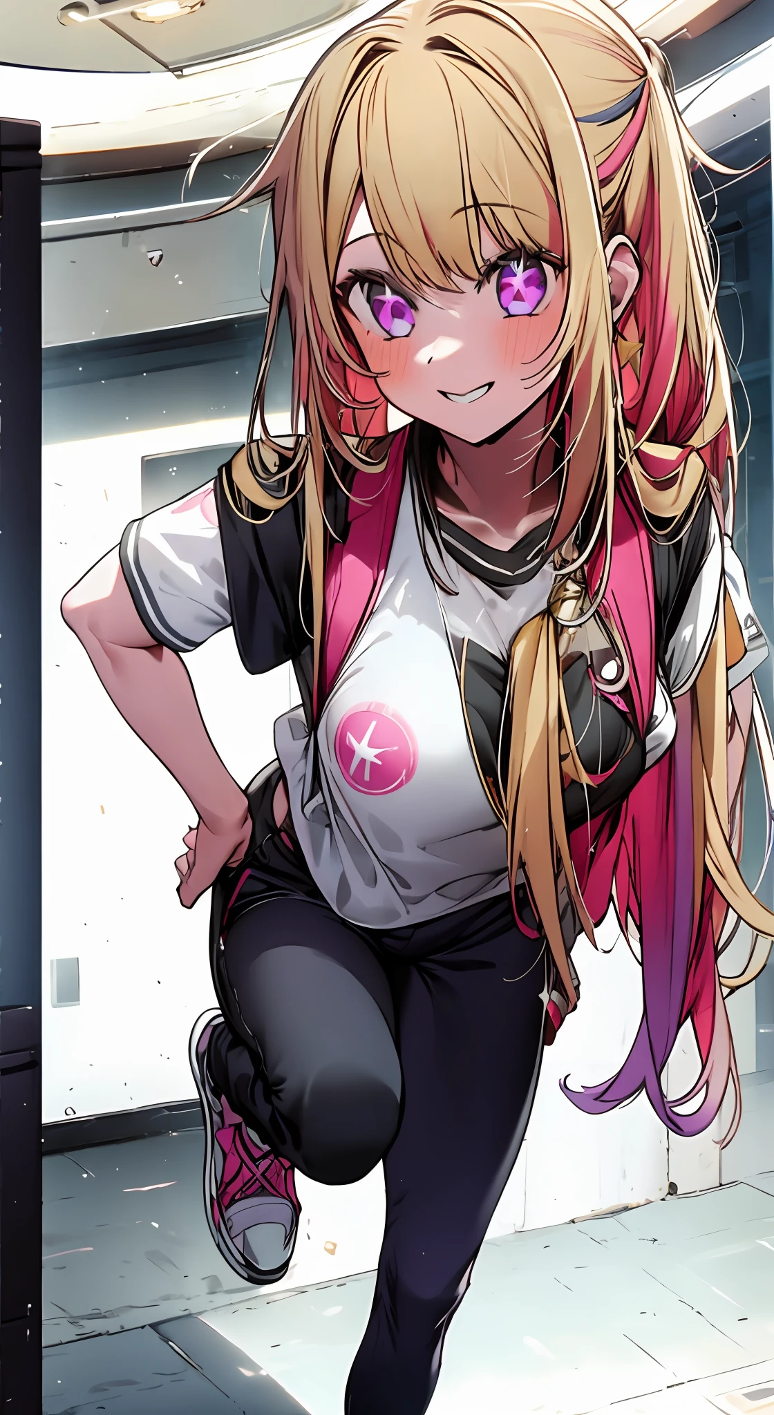 1girl, solo, physical therapist outfit , bangs,happy,posing, multicolored hair, doctors office background , (masterpiece:1.2), highres, best quality, 8k, star-shaped pupils in left eye, blonde hair, long hair, pink eyes, blonde, bangs,happy,posing, multicolored hair, t shirt, long tight pants, heels, physical therapist outfit, doctors outfit, confident face