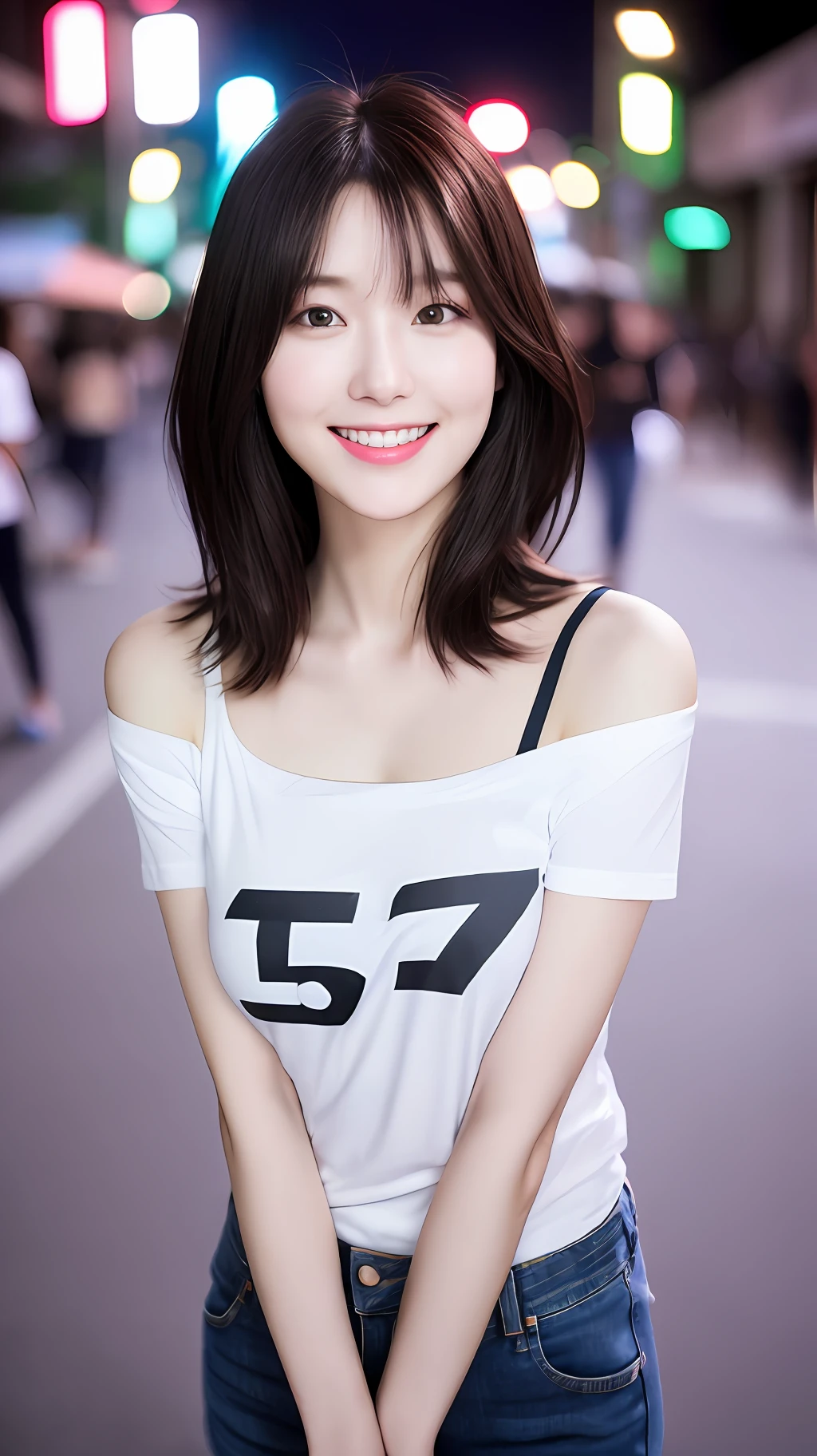 realistic photos of cute Korean star female, Shoulder-length hair, thin makeup, medium breasts size, slightly smile, t-shirt and jeans, at the night street, clear facial features of Canon EOS, 8K high resolution, sharp and realistic details, anaglyph, UHD, masterpiece, high quality, highres, HD, 16k