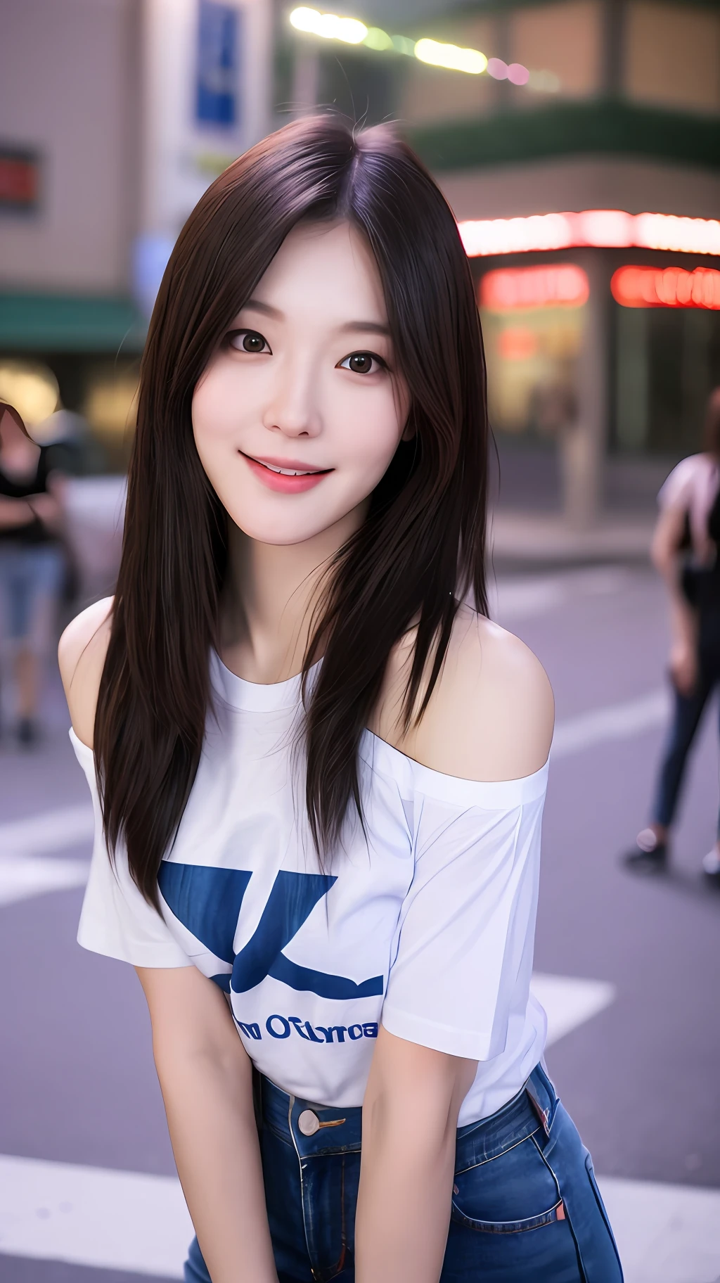 realistic photos of cute Korean star female, Shoulder-length hair, thin makeup, medium breasts size, slightly smile, t-shirt and jeans, at the night street, clear facial features of Canon EOS, 8K high resolution, sharp and realistic details, anaglyph, UHD, masterpiece, high quality, highres, HD, 16k