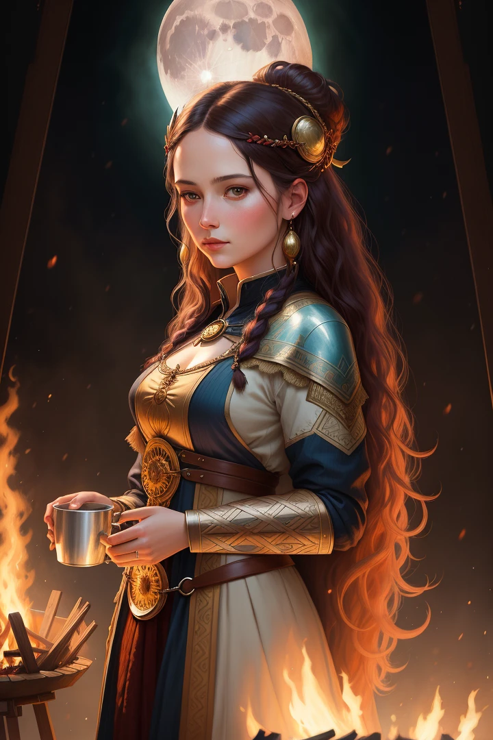 painting of a woman holding a cup in front of a bonfire, portrait of a female druid, by tom bagshaw, by tom bagshaw, portrait of a Norse goddess of the moon, tom bagshaw donato giancola, tom bagshaw artstyle, fantasy genre portrait, tom bagshaw portrait, tom bagshaw style, tom bagshaw weta studio