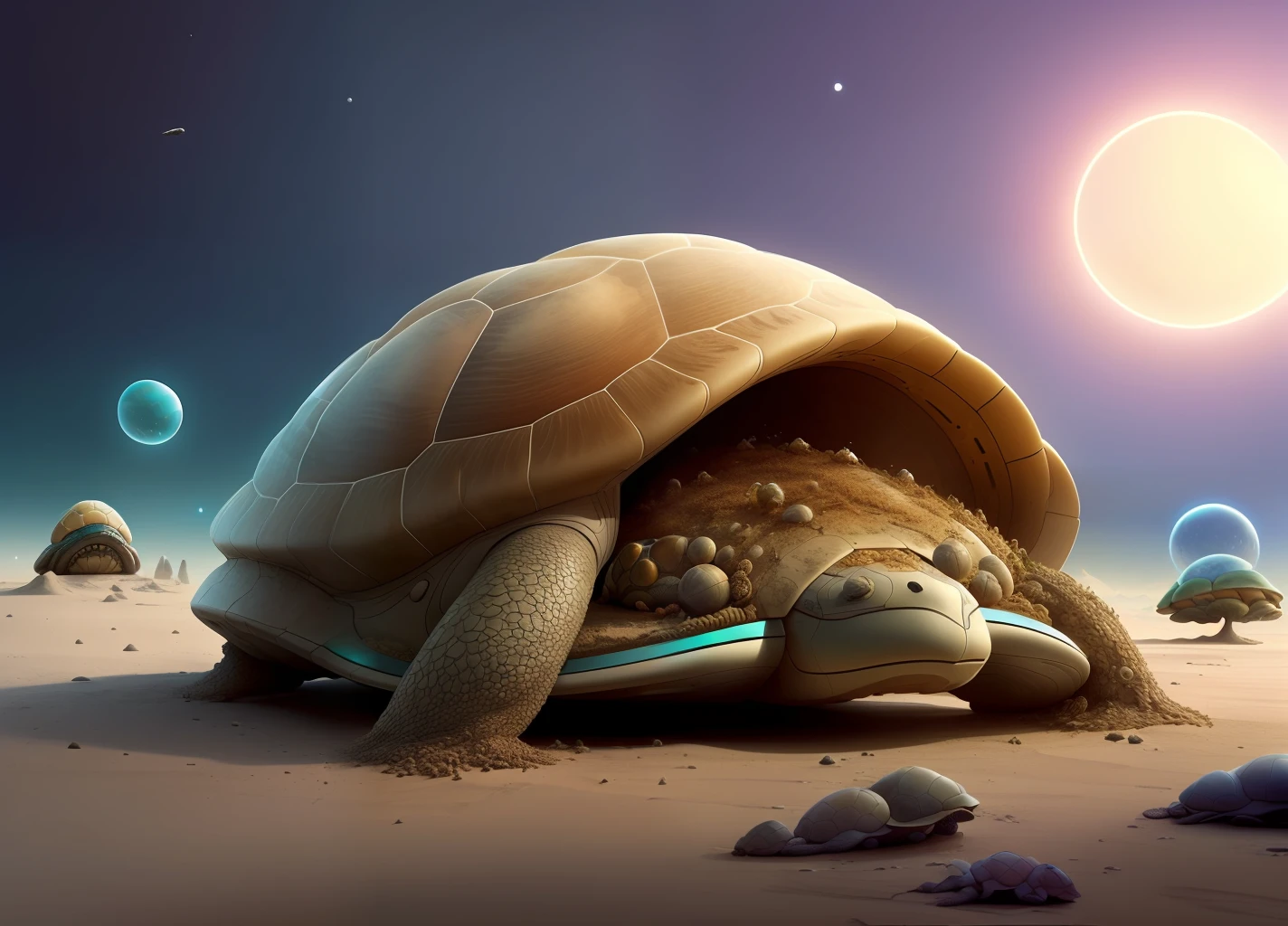 an anthill in a turtle shell in a futuristic space