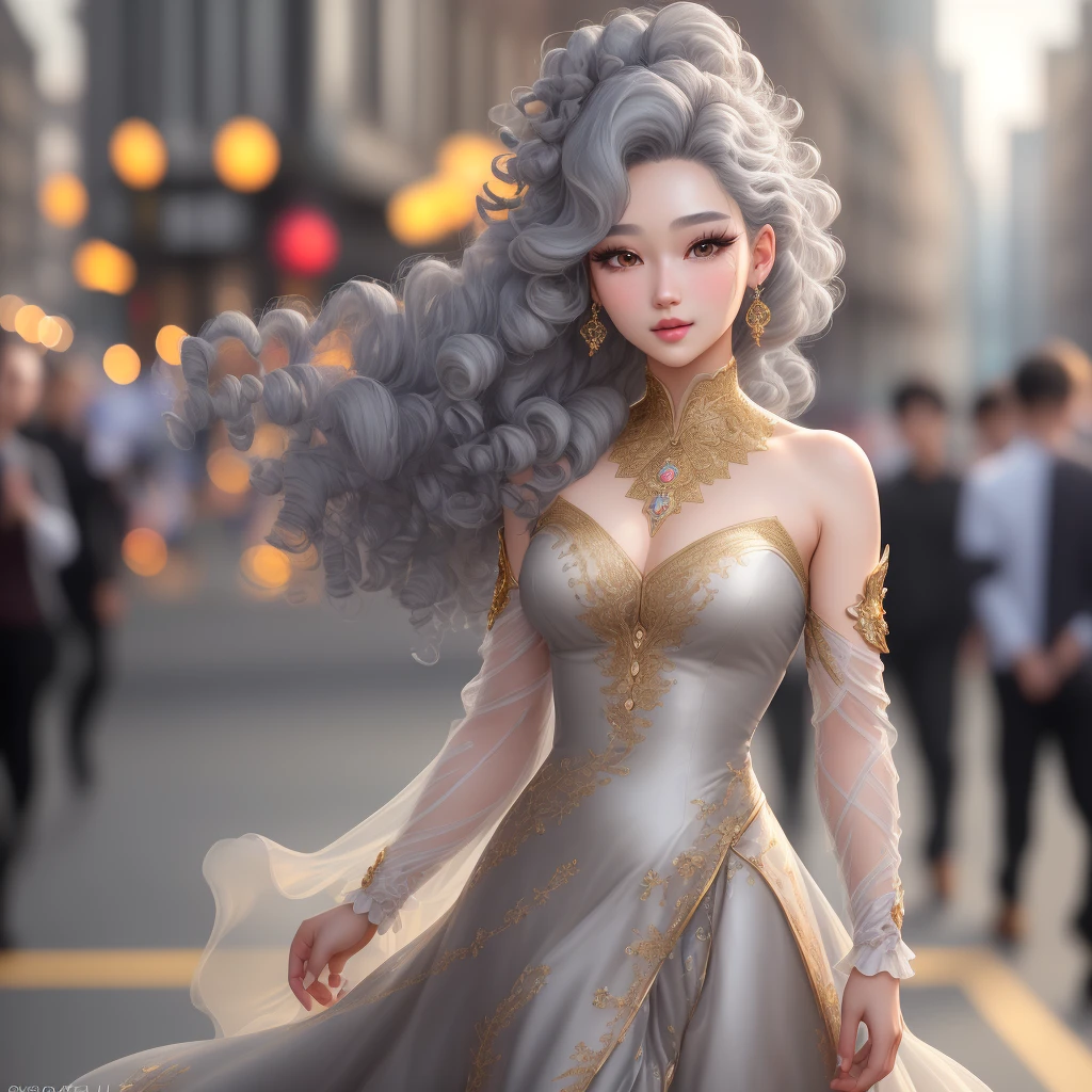 Very detailed CG unity 8k wallpaper, (masterpiece), (best quality), (ultra-detailed), (ultra-realistic), (best character detail: 1.36), Nikon d750 f/1.4 55mm, dynamic angle, professional lighting, photon mapping, radiosity, physically based rendering, outdoors, busy street, looking at the audience, blushing, 1man, tall body, golden ratio, (Kpop idol), (oil skin: 1.2), (oil skin: 1.1), makeup,[:(high detailed face:1.2):0.2]:,PureErosFace_v1, ((curly gray hair and delicate style)), (aegyo sal:1), (eyelashes: 1.1), (lips: 1.1), broad shoulders,