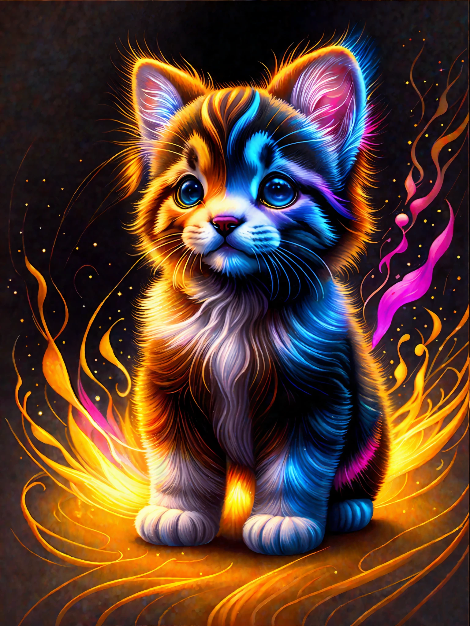 a painting of a colorful tabby poney puppy on a black background,, breathtaking rendering, within a radiant connection, inspired by Kinuko Y. Craft,, magical elements, kitten icon, wow, is gorgeous, casting a multi colorful spell, bright flash, flash