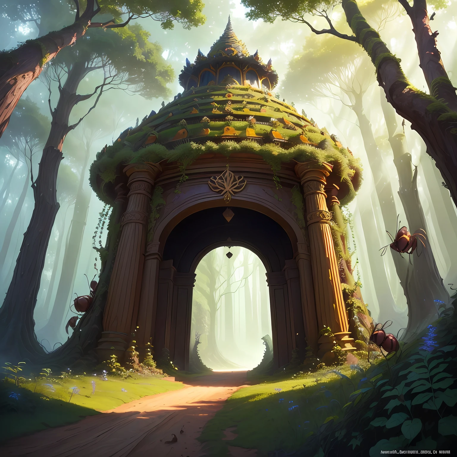 Lonely anthill in a mythical Forest with a big entrance and ant guardians to protect the anthill high quality detailed