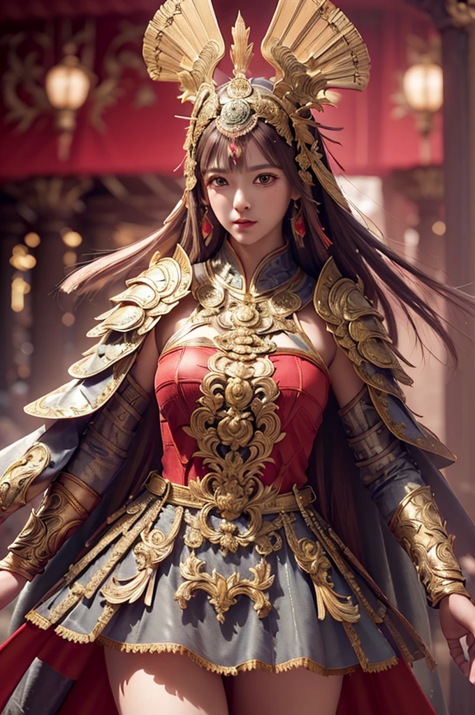 ((masterpiece))), (((best quality))), ((ultra-detailed)), (hyperrealistic), (highly detailed CG illustration), cinematic light, photorealistic ,extremely beautiful young lady, light makeup, big breast, intricate detailed eaba, red cape, spear