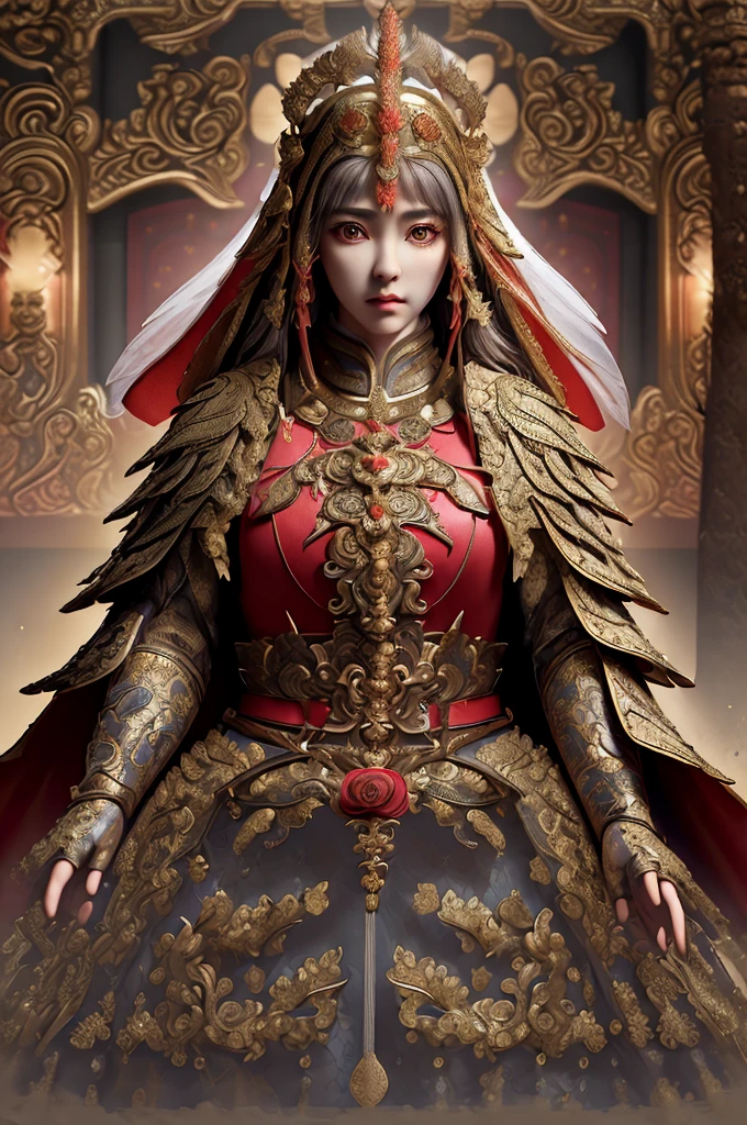 ((masterpiece))), (((best quality))), ((ultra-detailed)), (hyperrealistic), (highly detailed CG illustration), cinematic light, photorealistic ,extremely beautiful young lady, light makeup, big breast,  intricate detailed eaba, red cape, spear