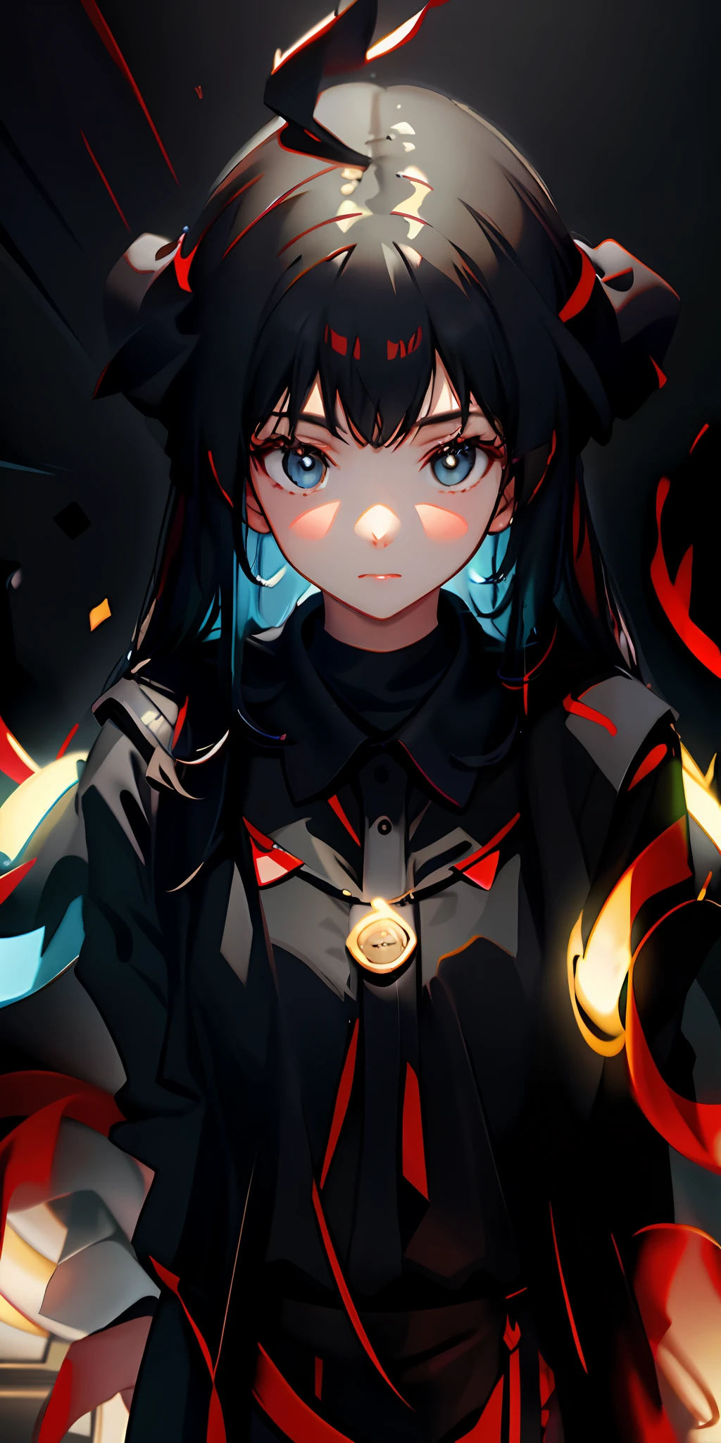 Girl, ultra detailed, high quality, fire in one eye, anime, no expression, detailed background, electric