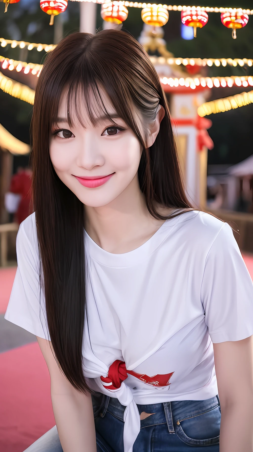 realistic photos of cute Korean star female, tied hair thin makeup, medium breasts size, slightly smile, t-shirt and jeans, at the night Thai temple fair, clear facial features of Canon EOS, 8K high resolution, sharp and realistic details, anaglyph, UHD, masterpiece, high quality, highres, HD, 16k