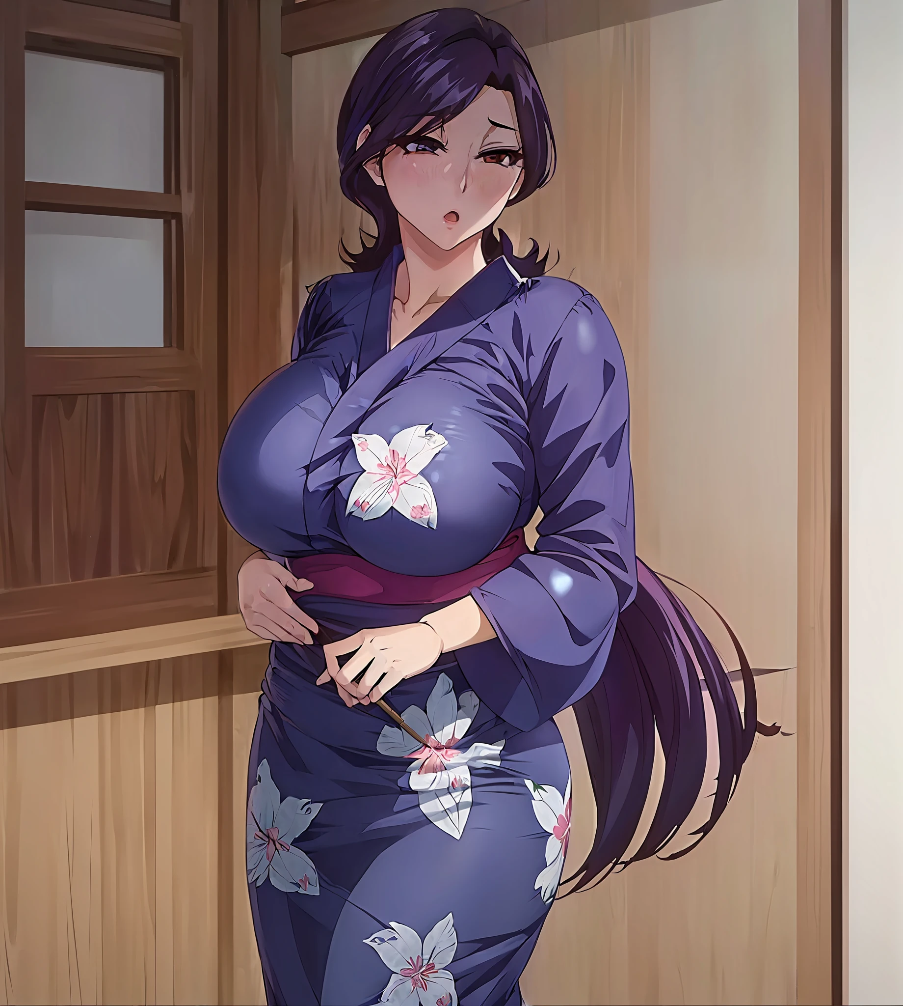 ((masterpiece:1.2, best quality, anime screencap:1.1)), minako, huge breast, japanese yukata, blue yukata, ((milf)), busty body, sharp focus, good composition, great detail, japanese room,