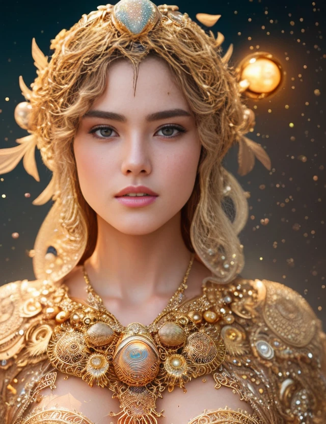 a complicated filigree shell queen on a sandy beach, detailed symmetric eyes, detailed gorgeous face, rich, vibrant, bright, beautiful, splash, glittering, awe inspiring, magnificent, filigree, rim lighting, lights, extremely, magic, surreal, fantasy, digital concept art, wlop, artgerm and james jean, high quality highly detailed thanks to Time Traveler, 8k uhd, dslr, soft lighting, high quality