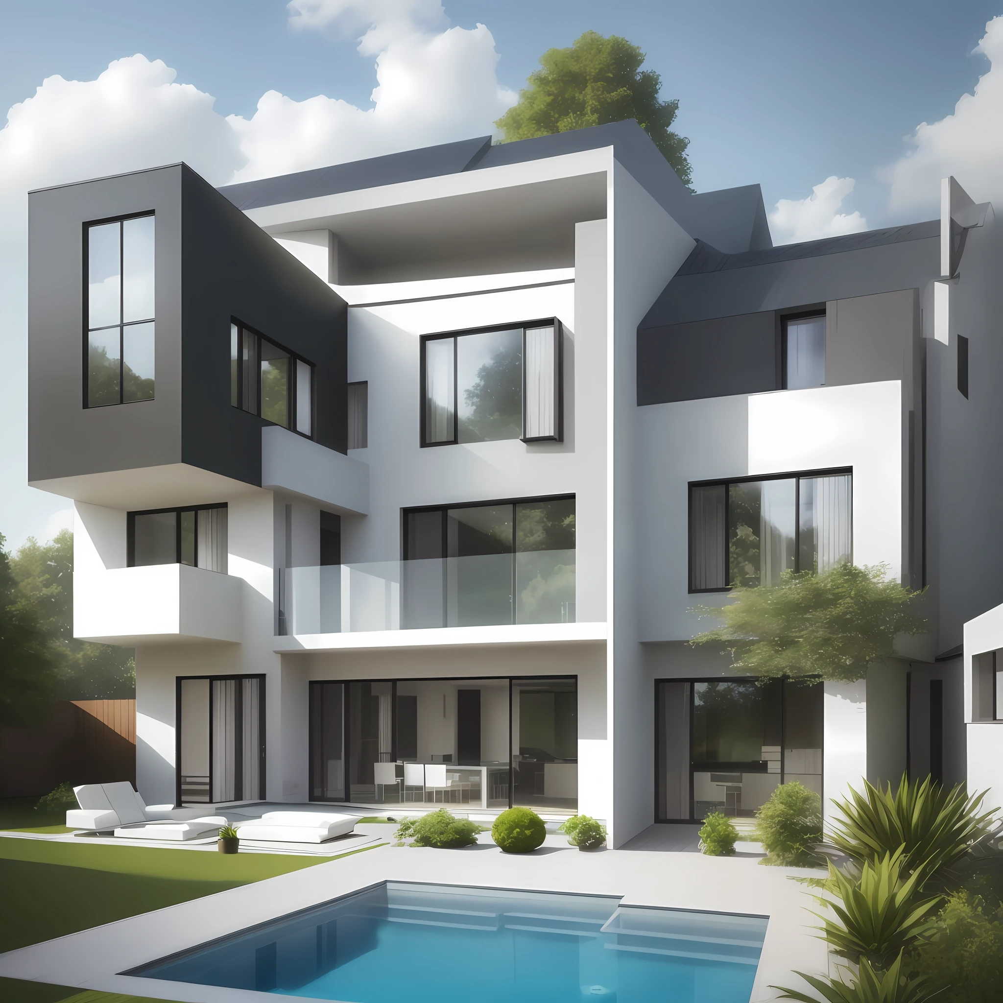 I like a house, why is it very modern, for this I need a lighter façade, a lot of glass windows, large windows and the house should have an outdoor swimming pool and then also a few loungers next to the swimming pool, although the pet buttons are transparent, nevertheless like I have good plants in my environment that protect my privacy
