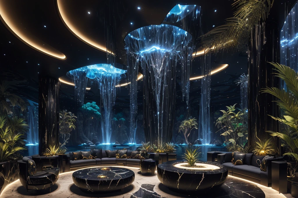 incredible black luxurious futuristic interior in Ancient Egyptian style with many (((lush plants))) (lotus flowers), ((palm trees)), ((african trees flowers and plants)), (((gorgeous flowers))), rocky walls, ((sand)), ((waterfalls)) (marble), ((precious minerals)), ((metals)), (gemstones), crystals, clouds and ((((water)))), (curvy futuristic furniture), (hieroglyphics), ((trees, flowers, plants made out of gemstones and precious minerals and lights)), crocodiles, (((ultra luxury))), (black marble) – with ((beautiful lights)), Unreal Engine, HQ, 16k