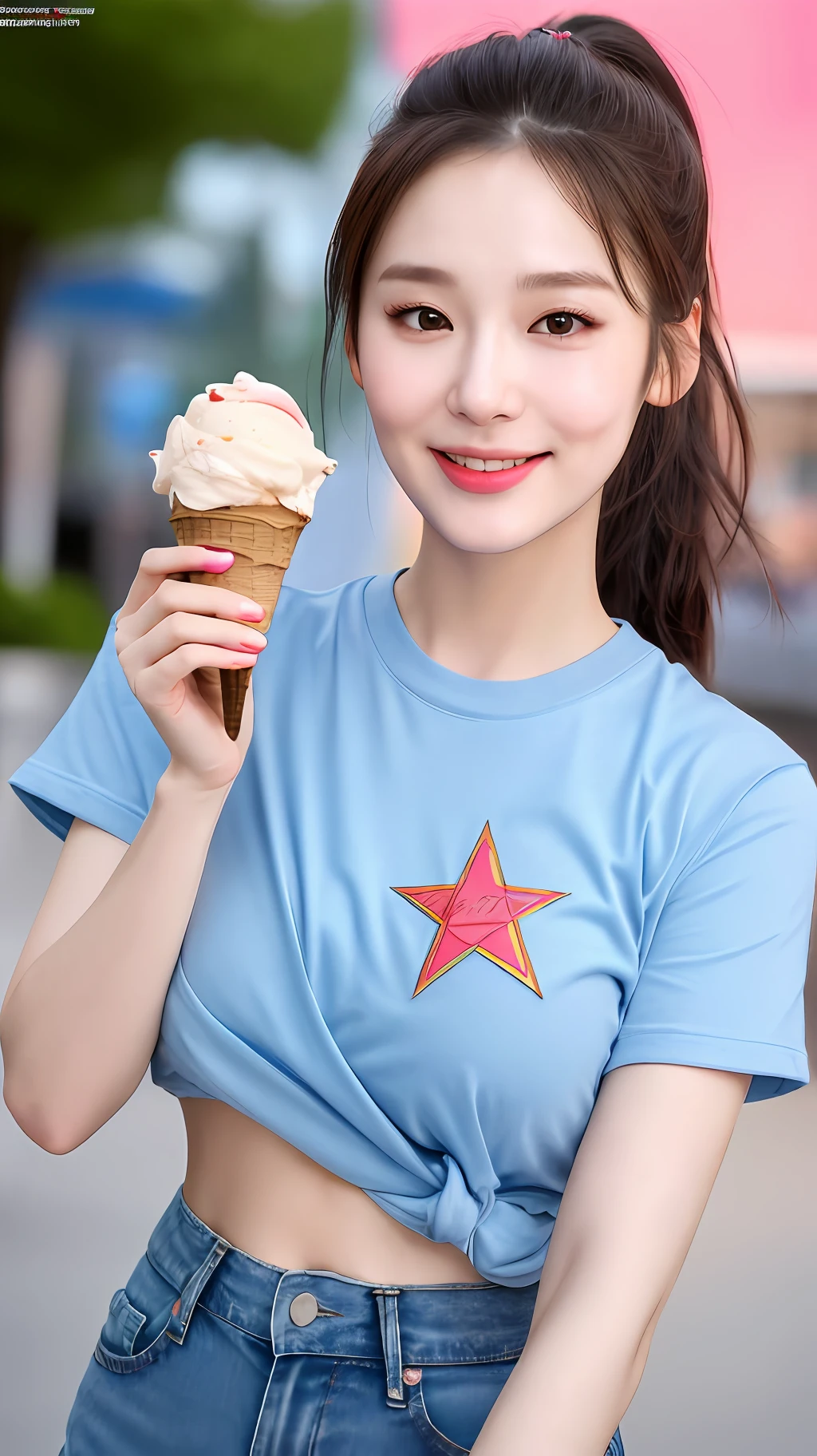 realistic photos of cute Korean star female, folded ponytail, thin makeup, medium breasts size, slightly smile, color full t-shirt and jeans, hold ice cream in hand, clear facial features of Canon EOS, 8K high resolution, sharp and realistic details, anaglyph, UHD, masterpiece, high quality, highres, HD, 16k