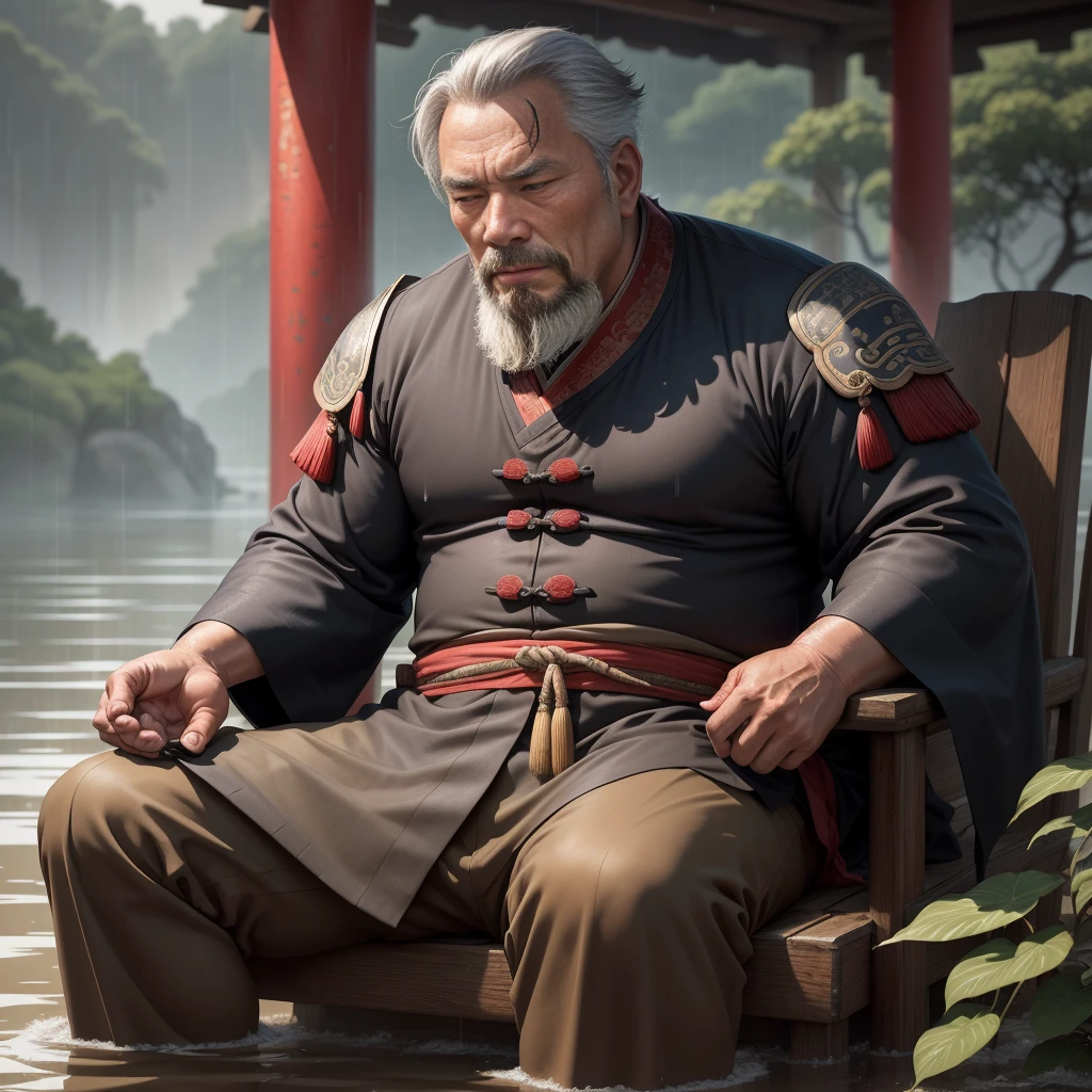 A middle-aged man with a solemn and majestic demeanor in ancient China sat down on the shore, looking at the flood, sad expression, heavy rain