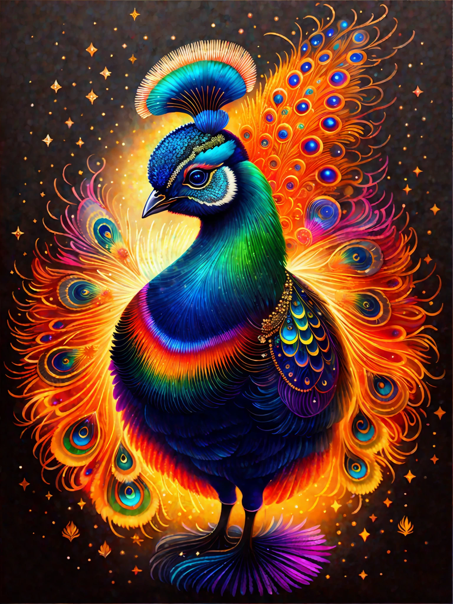 a painting of a colorful peacock on a black background,, breathtaking rendering, within a radiant connection, inspired by Kinuko Y. Craft,, magical elements, kitten icon, wow, is beautiful, casting a multi colorful spell, bright flash, flash