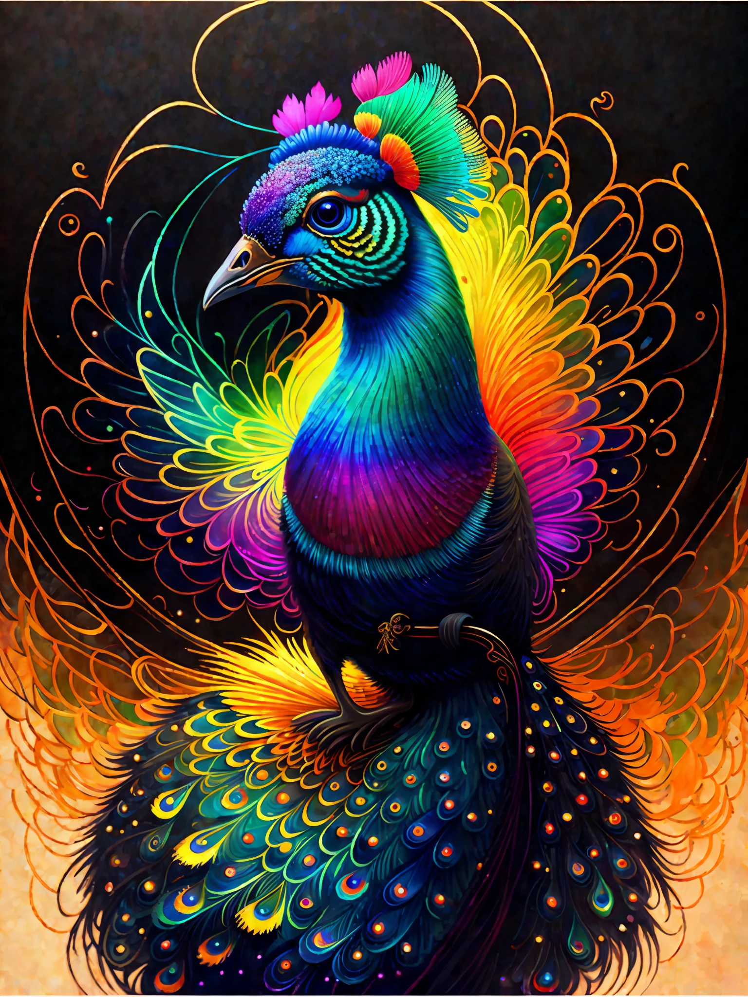 a painting of a colorful peacock on a black background,, breathtaking rendering, within a radiant connection, inspired by Kinuko Y. Craft,, magical elements, kitten icon, wow, is beautiful, casting a multi colorful spell, bright flash, flash