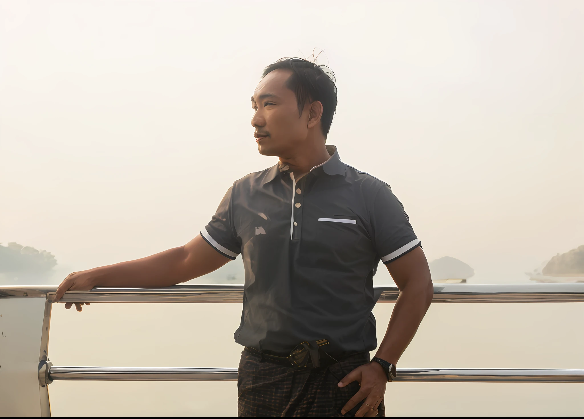 there is a handsome man standing on a boat looking out over the water, in style of thawan duchanee, thawan duchanee, nivanh chanthara, asian man, 4 0 years old man, asian male, in profile, handsome man, portait image, with sunset, profile portrait, portrait”, photo of a man, myanmar