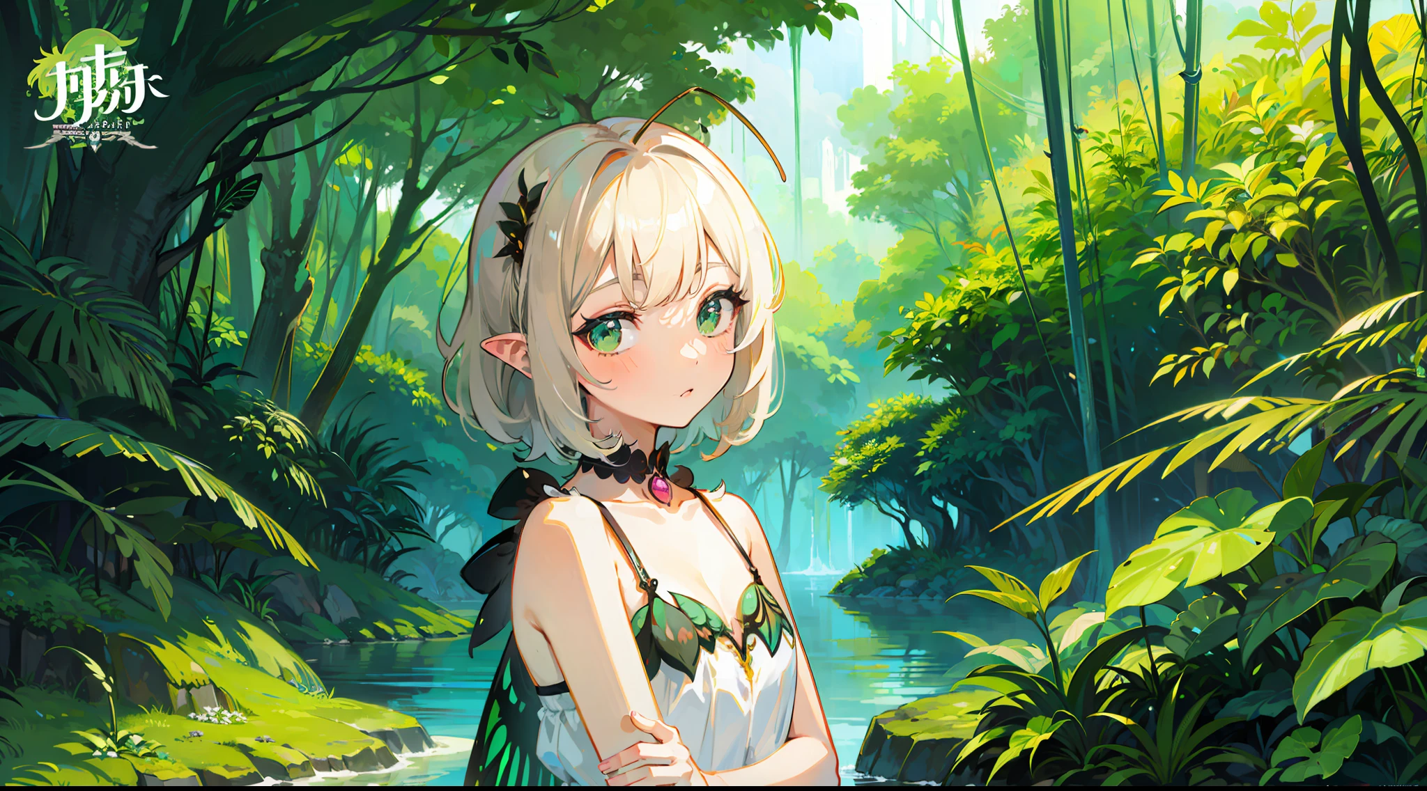 1girl, ((moth antennae)), solo, ((moth)), ((arthropod girl)), ((moth wings)), medium hair, difficult design, jungle style, fashion, monster girl, summer clothes, water effect, green plants, jungle, nature, scenery, ((official art)), ((concept art)), ((reference)), ((multiple pictures)), ((chibi)), white background