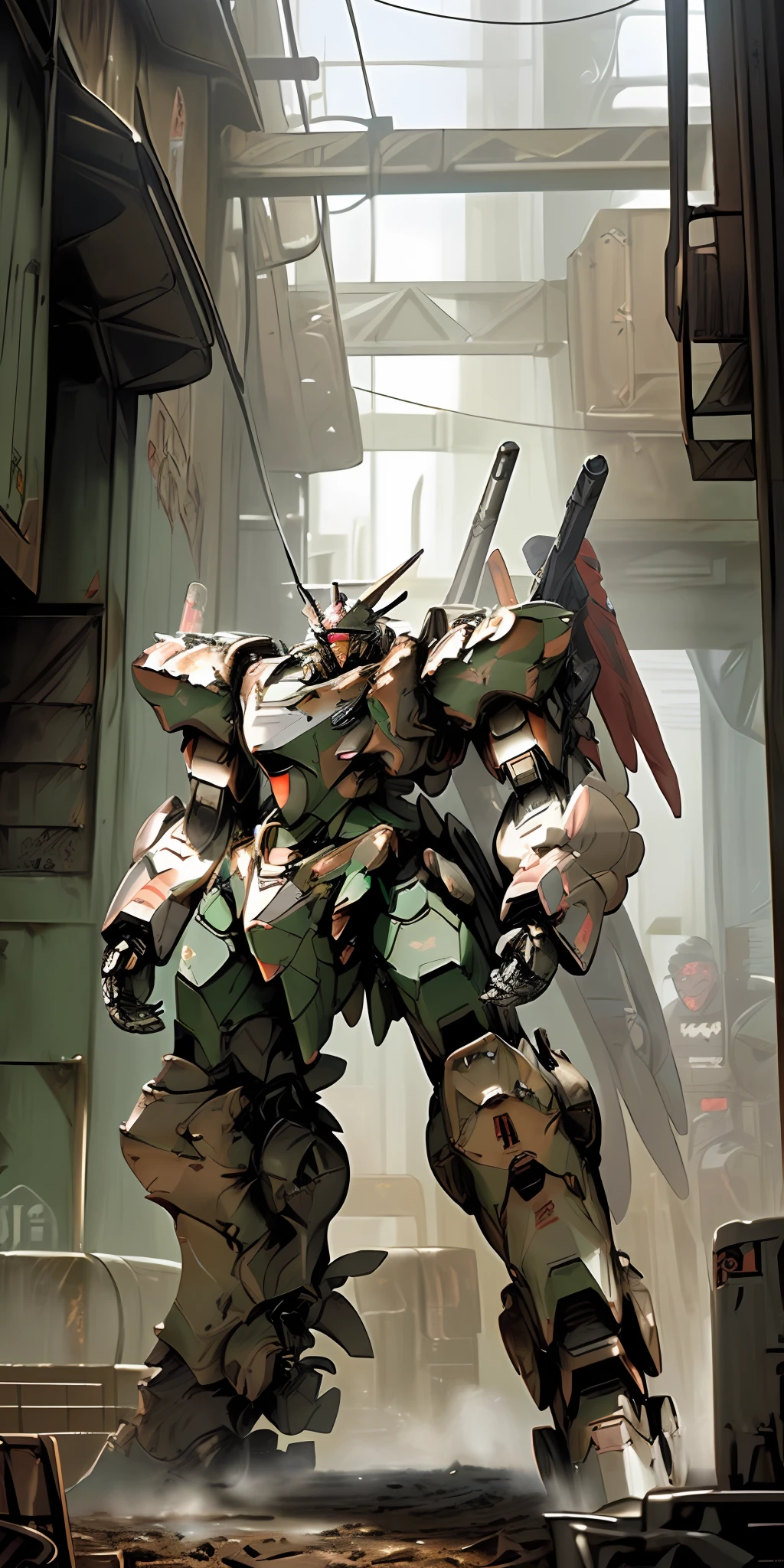 Masterpiece, Best Quality, Ultra Detail, Ultra Detail, Unreal Engine, (Mecha, Robot, Machine, Armored Core, ARMORED CORE:1.4), RGM-89S, Stark Jegan, Holding Rifle in Hand, Shield Mounted on Shoulder, No Humans, Ruined Urban Area, Sandstorm,