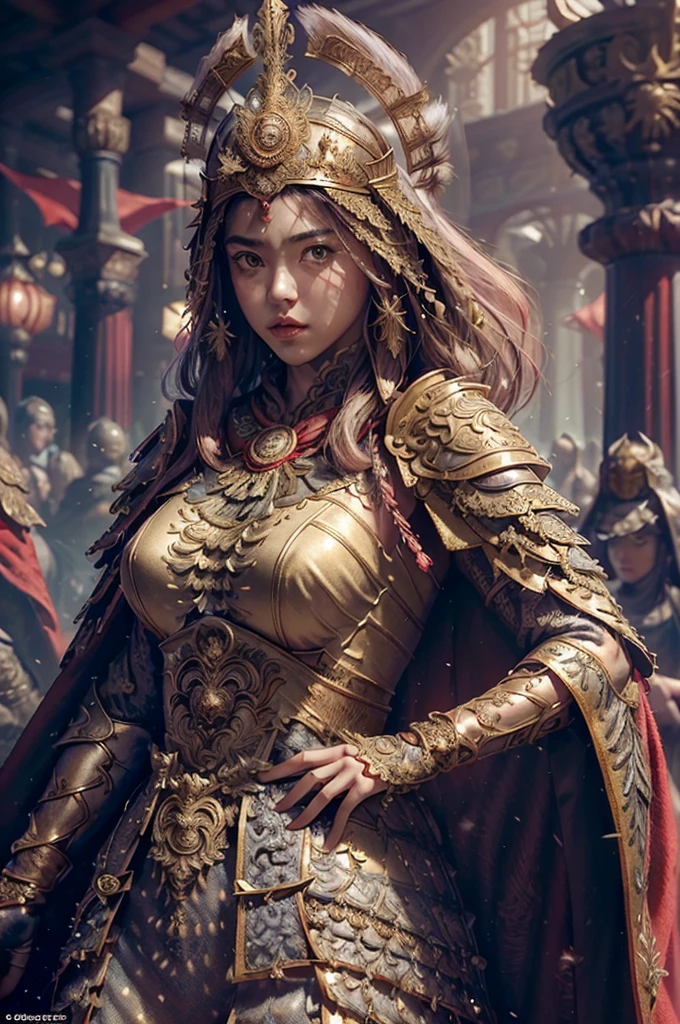 ((masterpiece))), (((best quality))), ((ultra-detailed)), (hyperrealistic), (highly detailed CG illustration), cinematic light, photorealistic ,extremely beautiful young lady, light makeup, big breast, intricate detailed eaba, red cape, spear