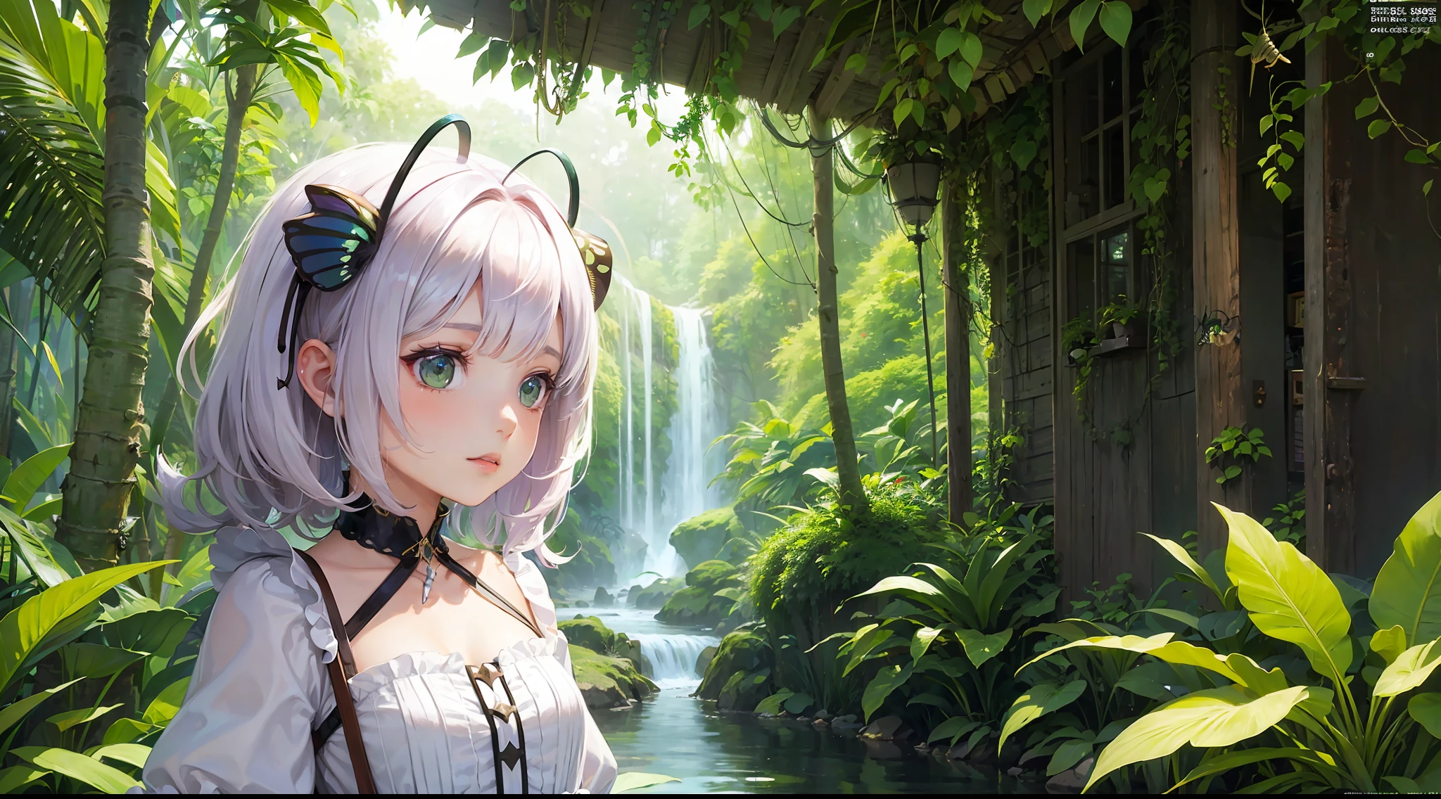 1girl, ((moth antennae)), solo, ((moth)), ((arthropod girl)), ((moth wings)), medium hair, difficult design, jungle style, fashion, monster girl, summer clothes, water effect, green plants, jungle, nature, scenery, ((official art)), ((concept art)), ((reference)), ((multiple pictures)), ((chibi)), white background